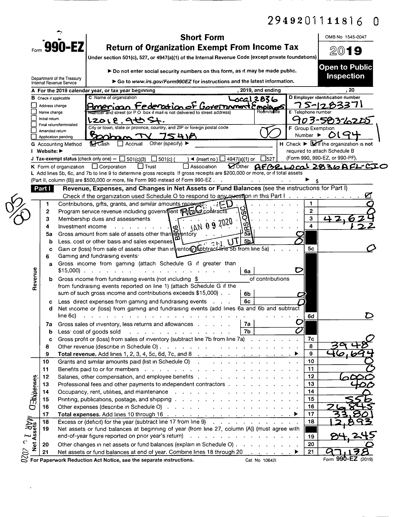 Image of first page of 2019 Form 990EO for American Federation of Government Employees - 2836 Local Afge Va