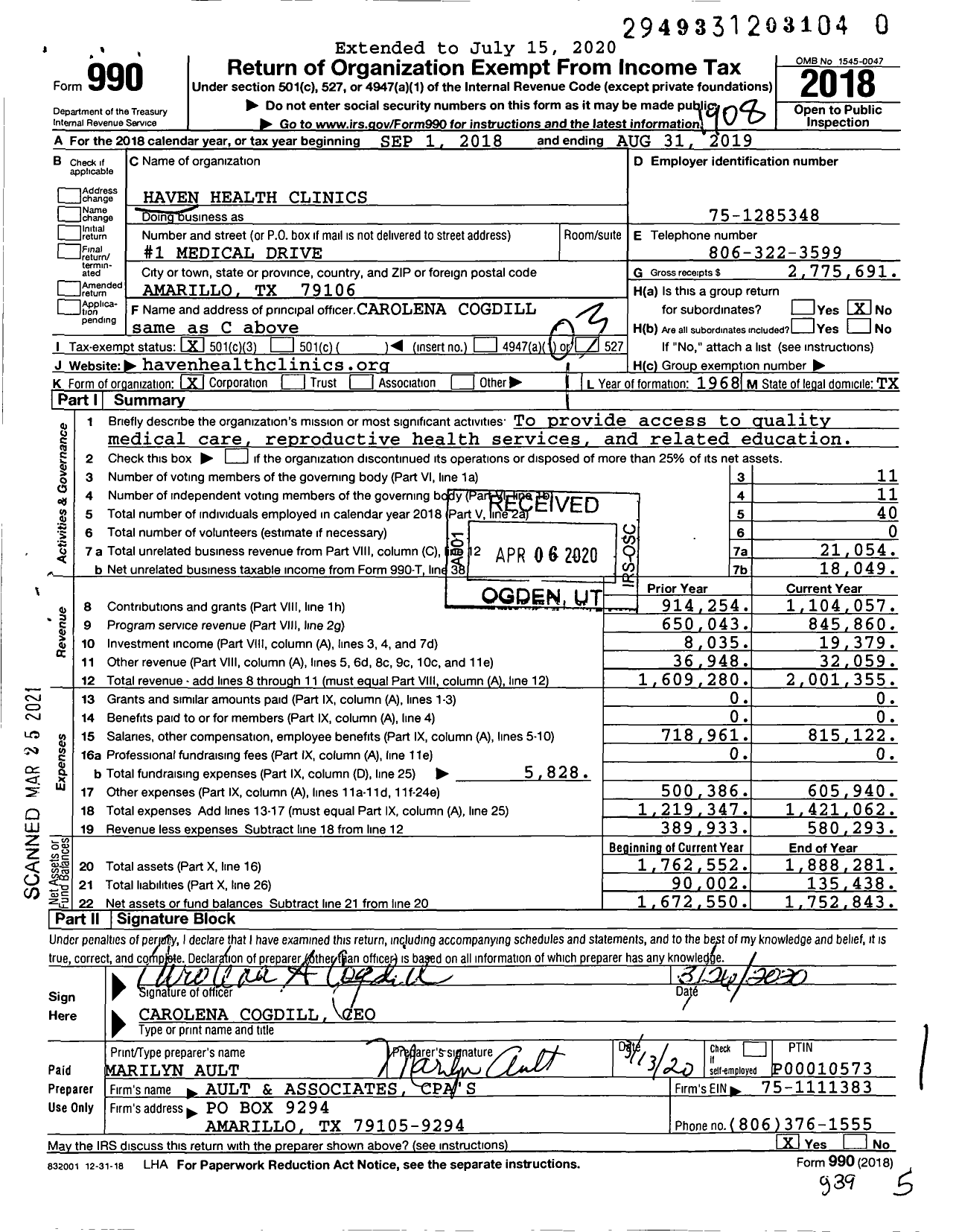 Image of first page of 2018 Form 990 for Haven Health Clinics