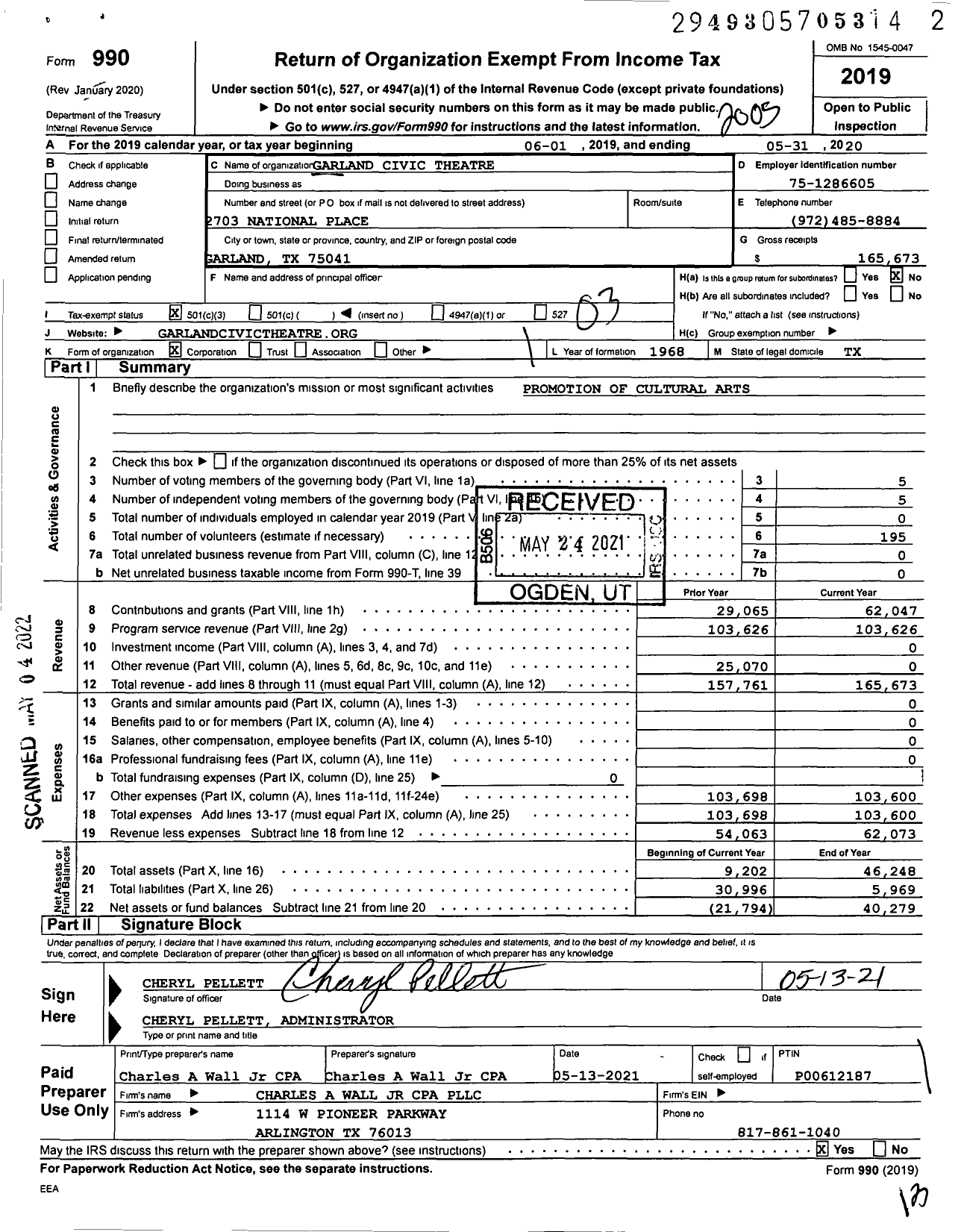 Image of first page of 2019 Form 990 for Garland Civic Theatre