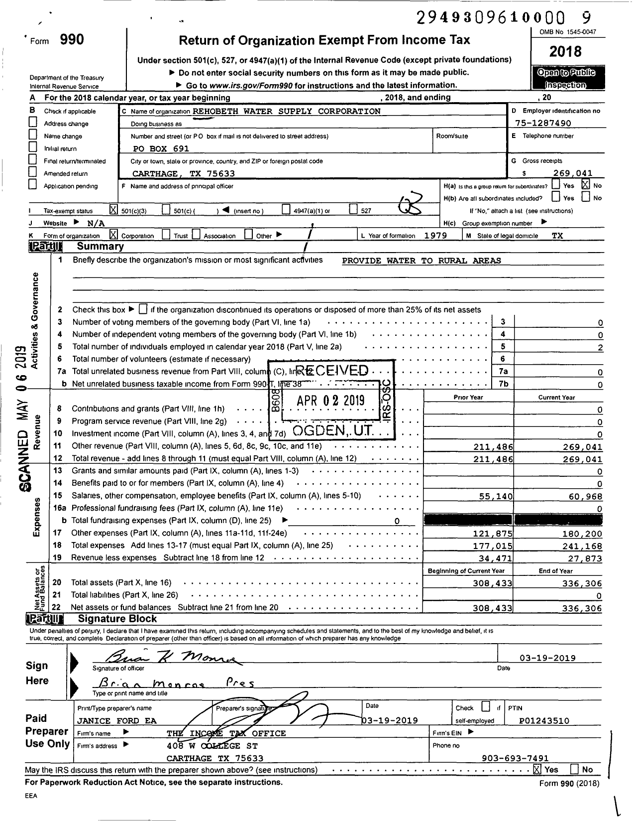 Image of first page of 2018 Form 990 for Rehobeth Water Supply Corporation