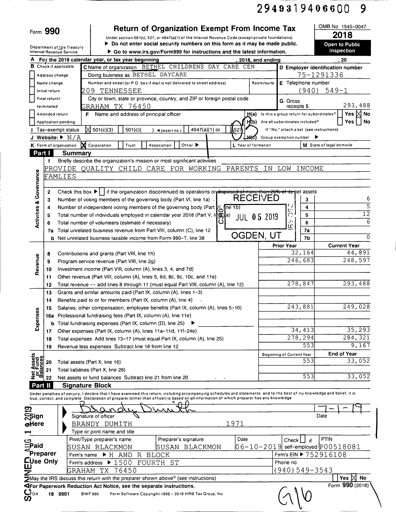 Image of first page of 2018 Form 990 for Bethel Childrens Day Care Center