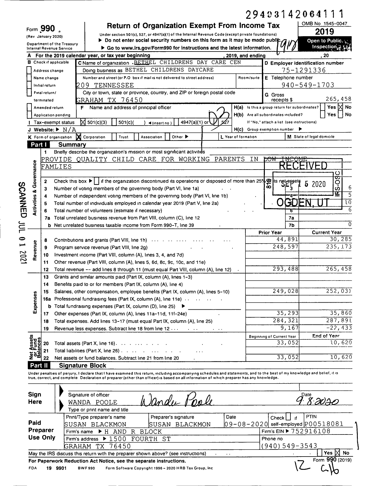 Image of first page of 2019 Form 990 for Bethel Childrens Day Care Center