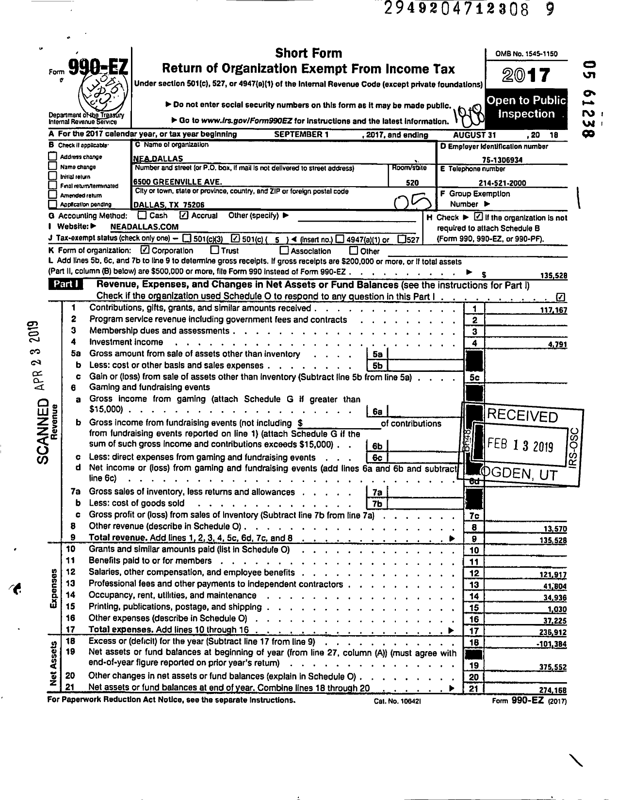 Image of first page of 2017 Form 990EO for Nea Dallas