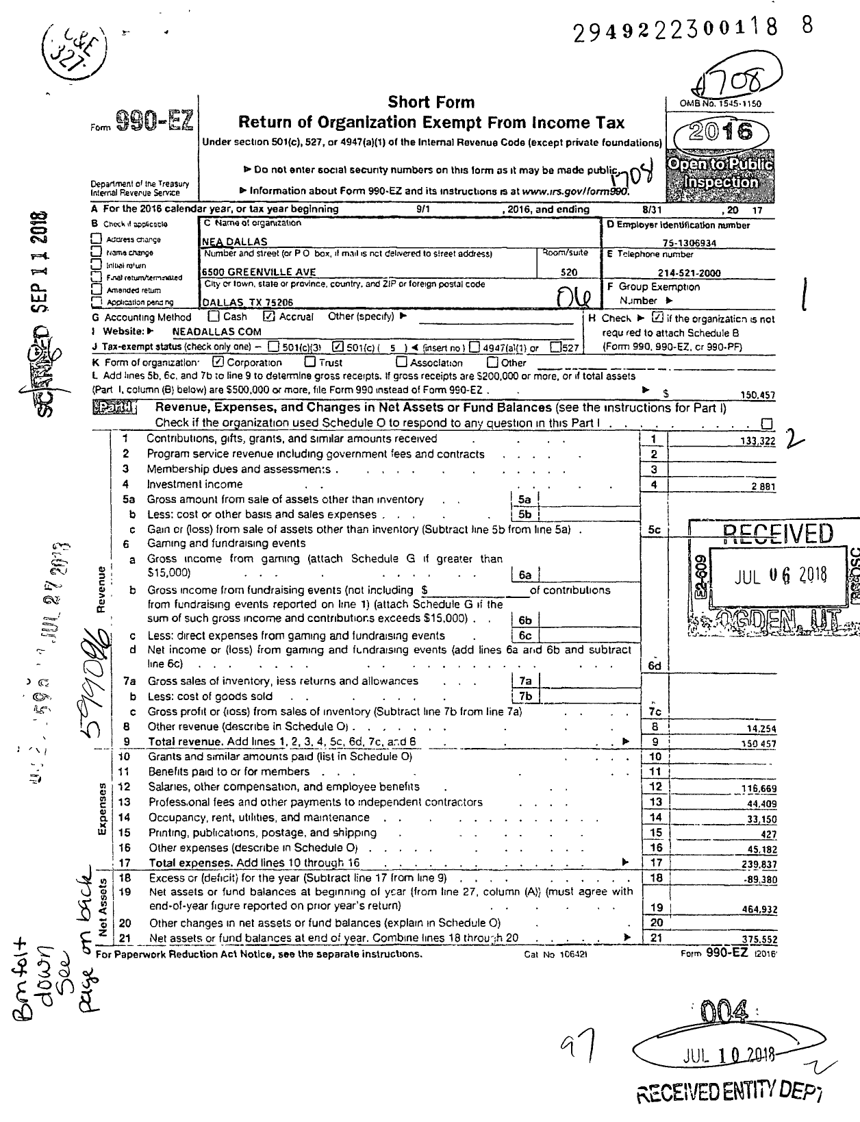 Image of first page of 2016 Form 990EO for Nea Dallas