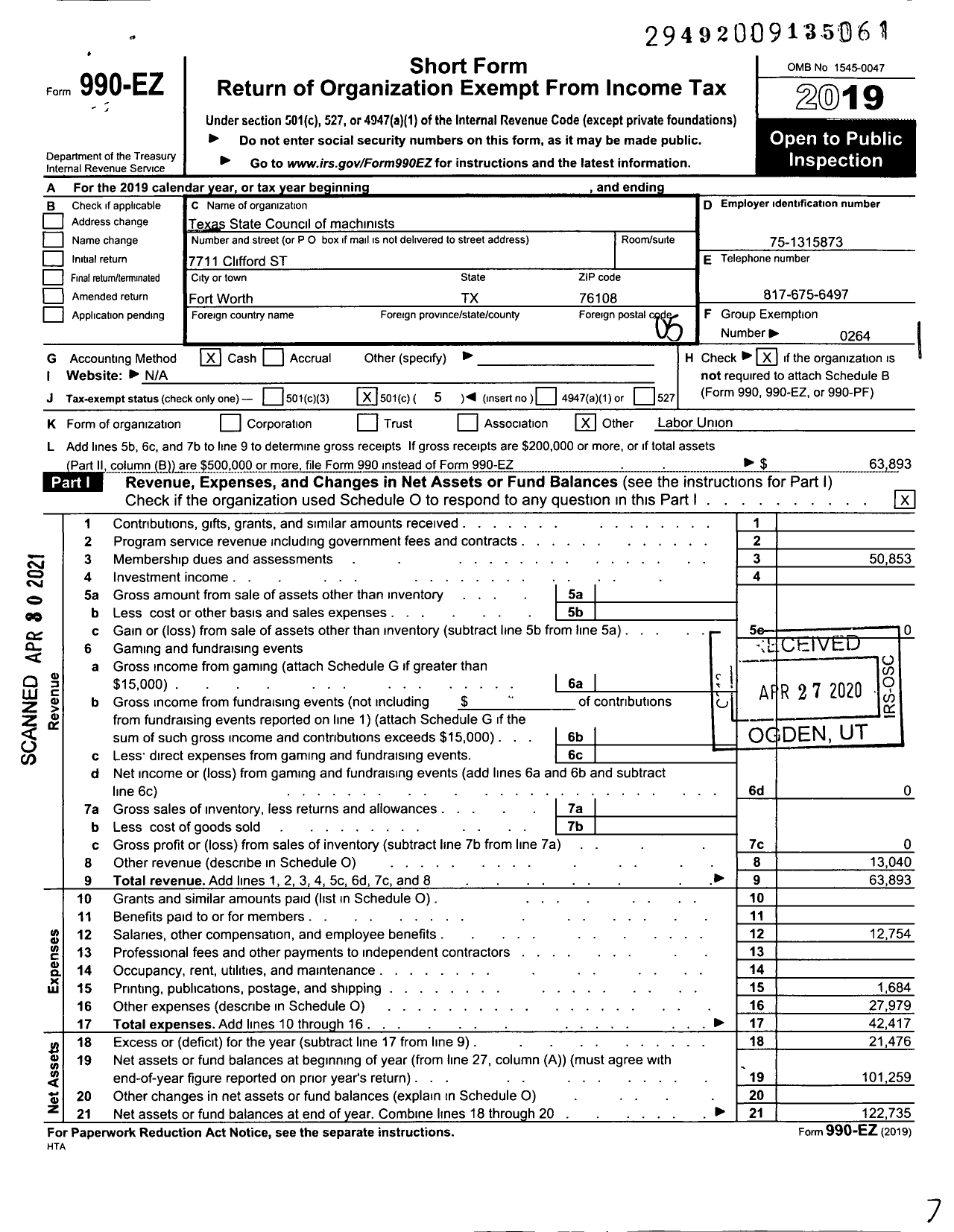 Image of first page of 2019 Form 990EO for International Association of Machinists and Aerospace Workers - Texas State Machinists Council