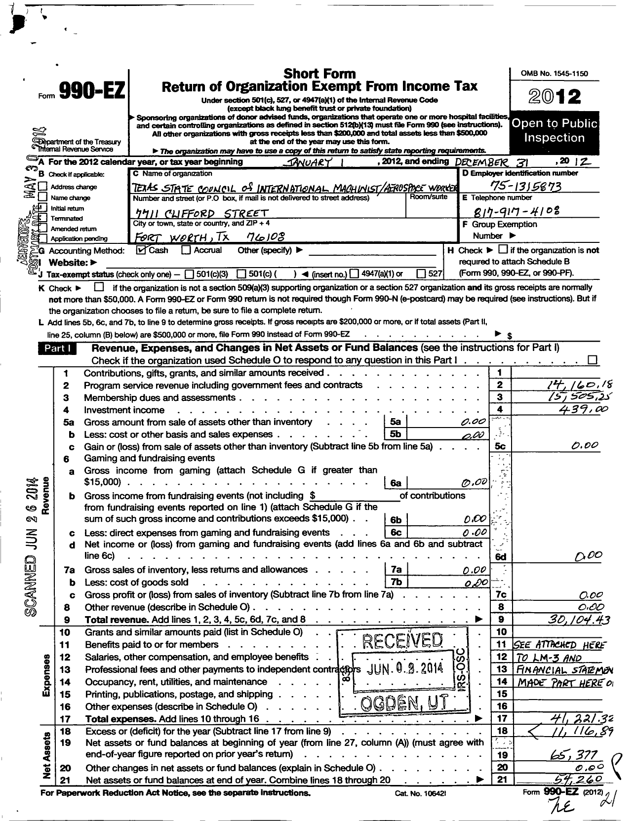 Image of first page of 2012 Form 990EO for International Association of Machinists and Aerospace Workers - Texas State Machinists Council