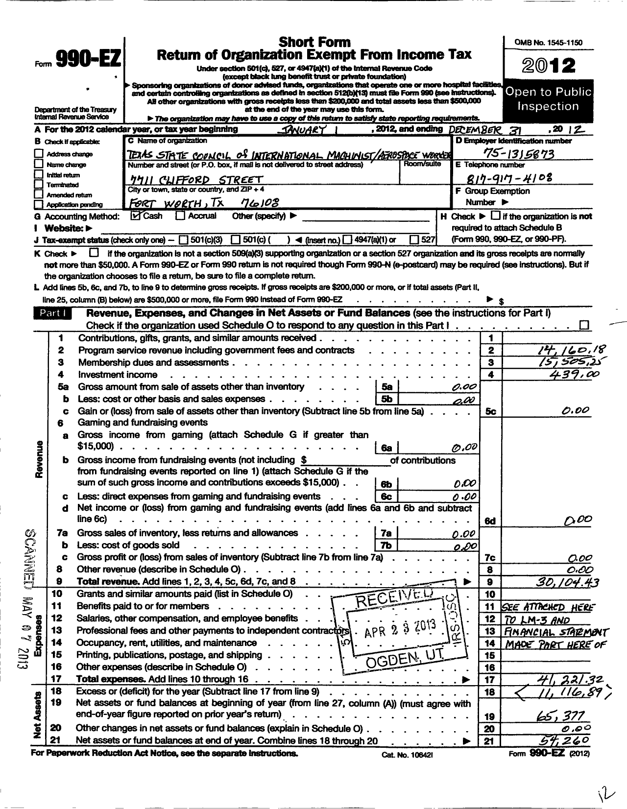 Image of first page of 2012 Form 990EO for International Association of Machinists and Aerospace Workers - Texas State Machinists Council