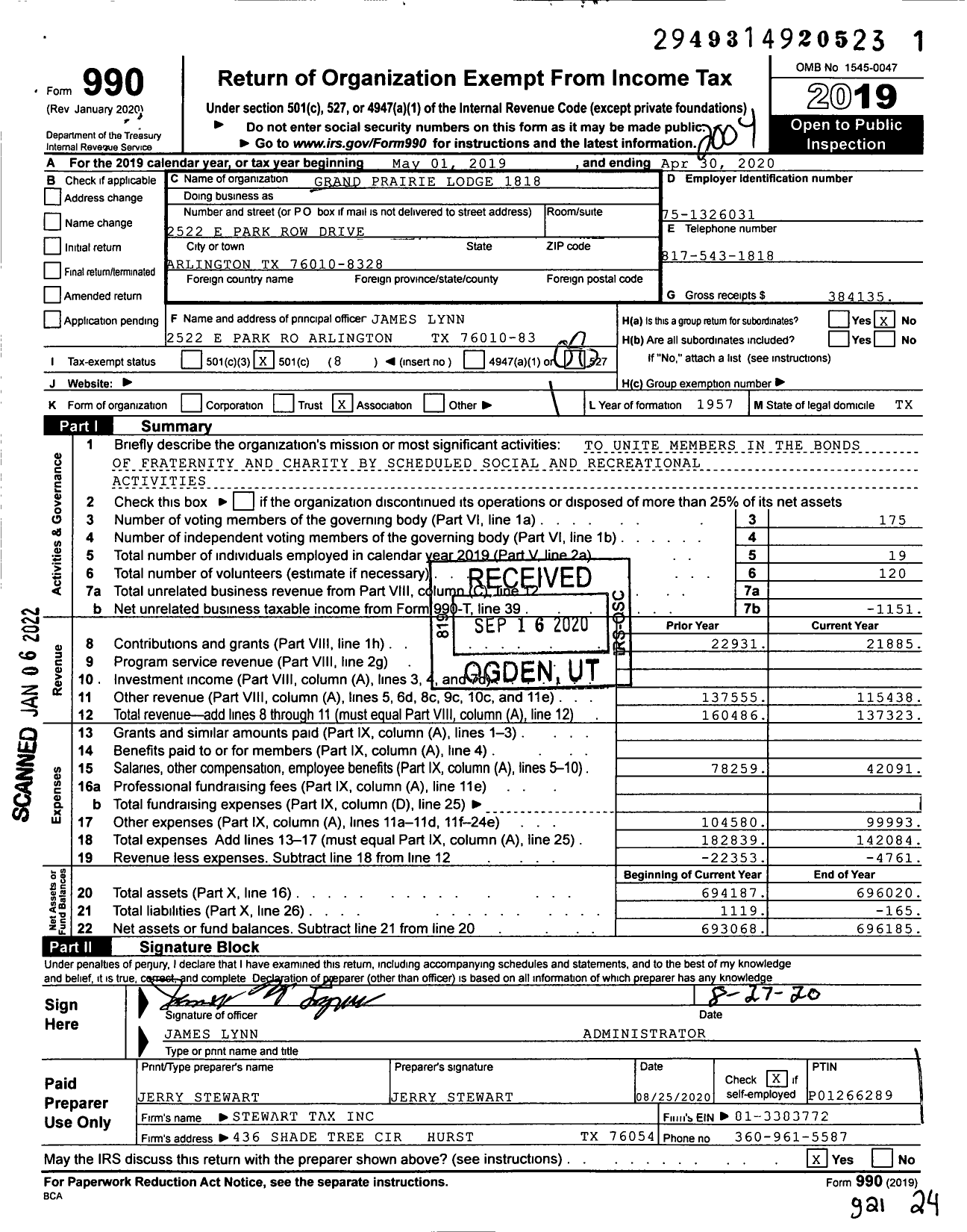 Image of first page of 2019 Form 990O for Loyal Order of Moose - 1818