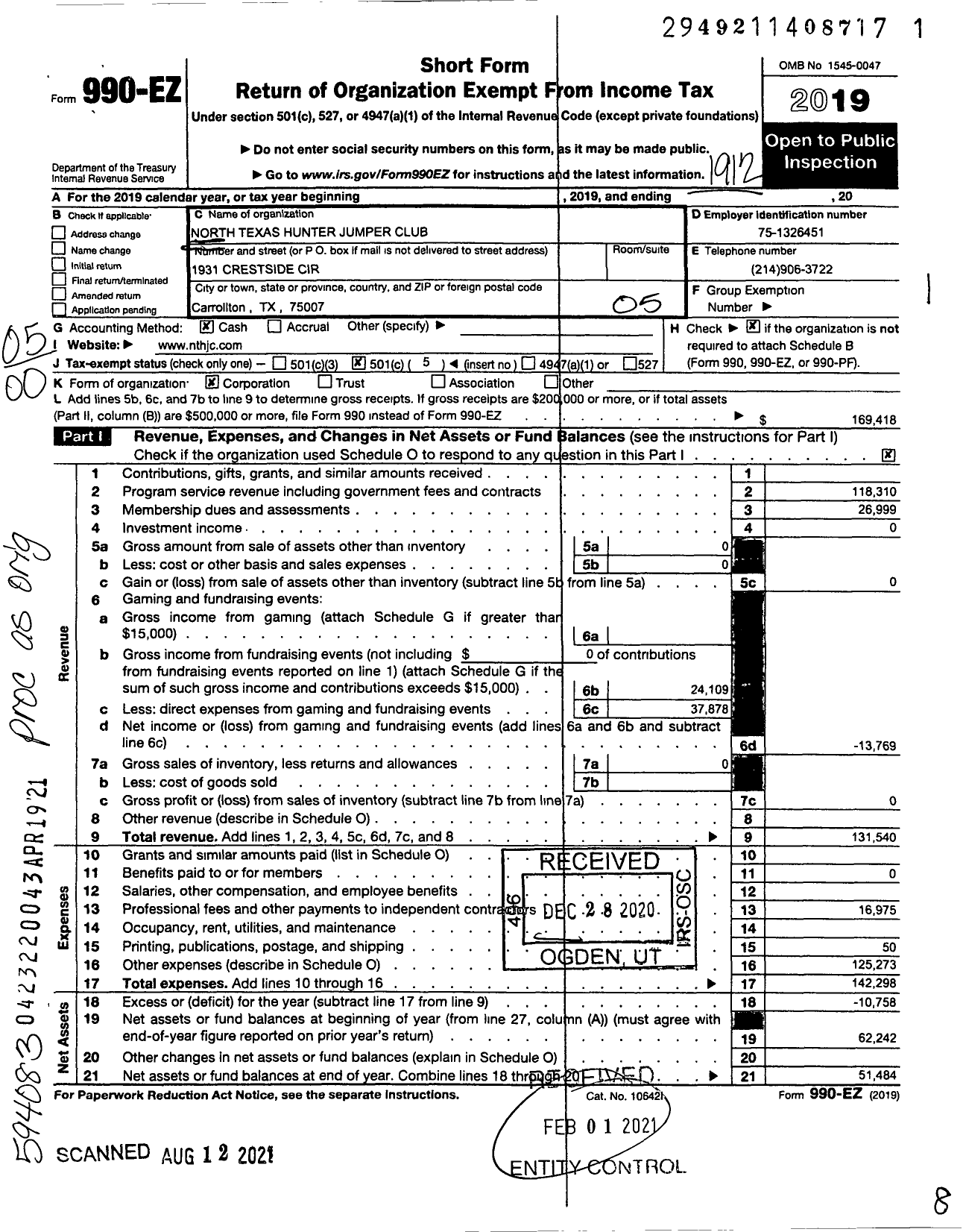 Image of first page of 2019 Form 990EO for North Texas Hunter Jumper Club