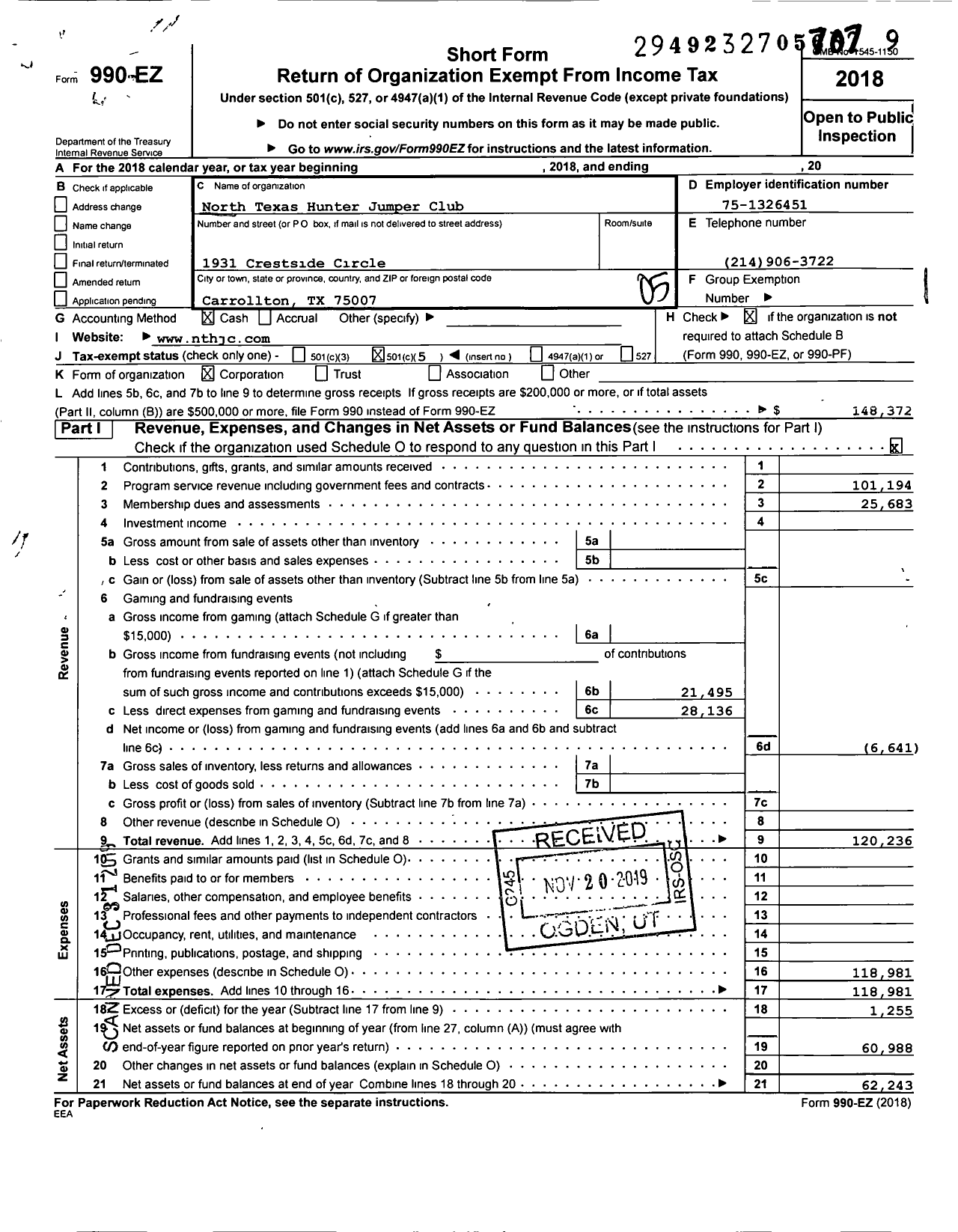 Image of first page of 2018 Form 990EO for North Texas Hunter Jumper Club