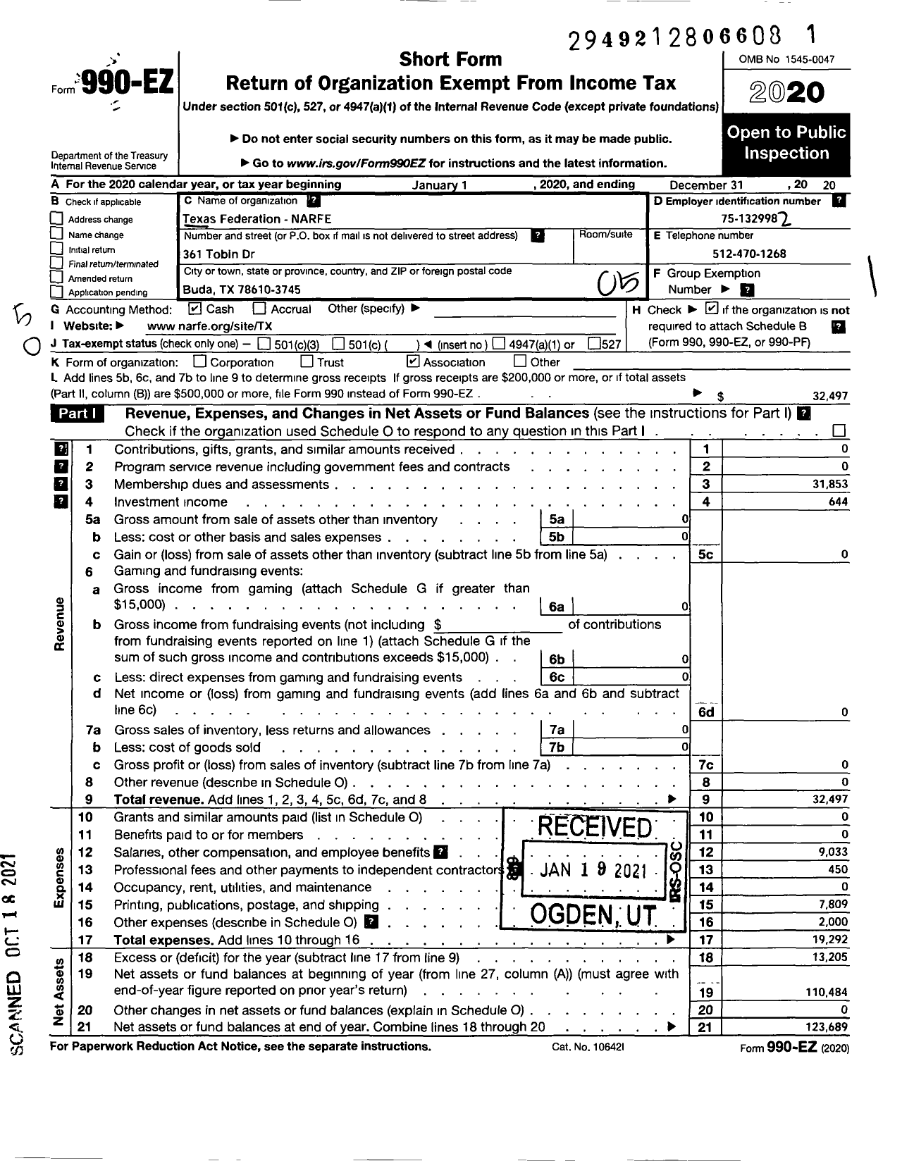 Image of first page of 2020 Form 990EO for National Active and Retired Federal Employees Association