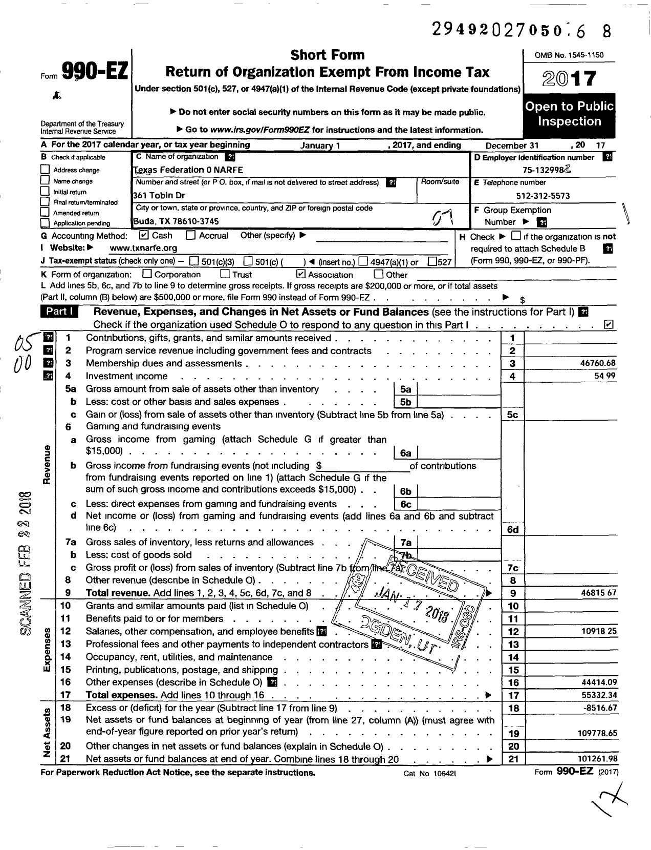 Image of first page of 2017 Form 990EO for National Active and Retired Federal Employees Association / Texas State Federation