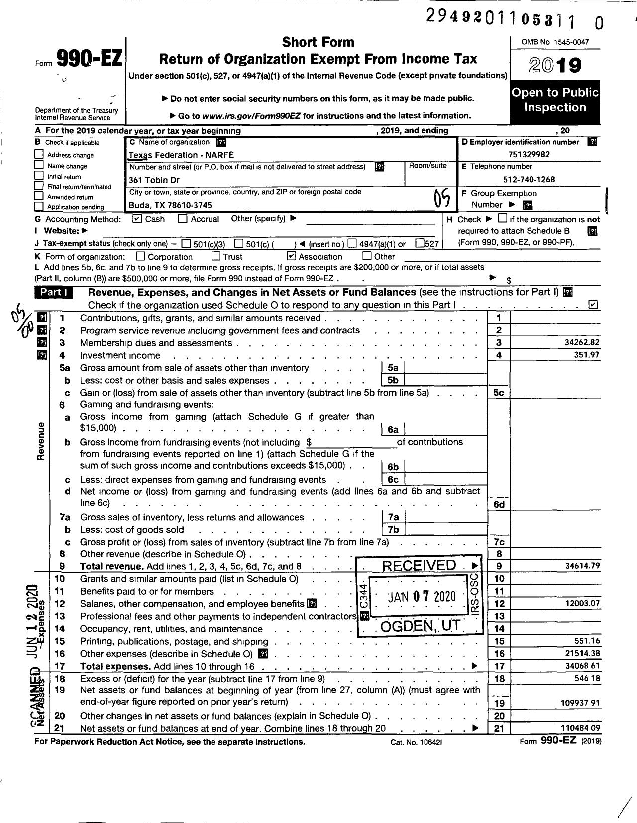 Image of first page of 2019 Form 990EO for National Active and Retired Federal Employees Association