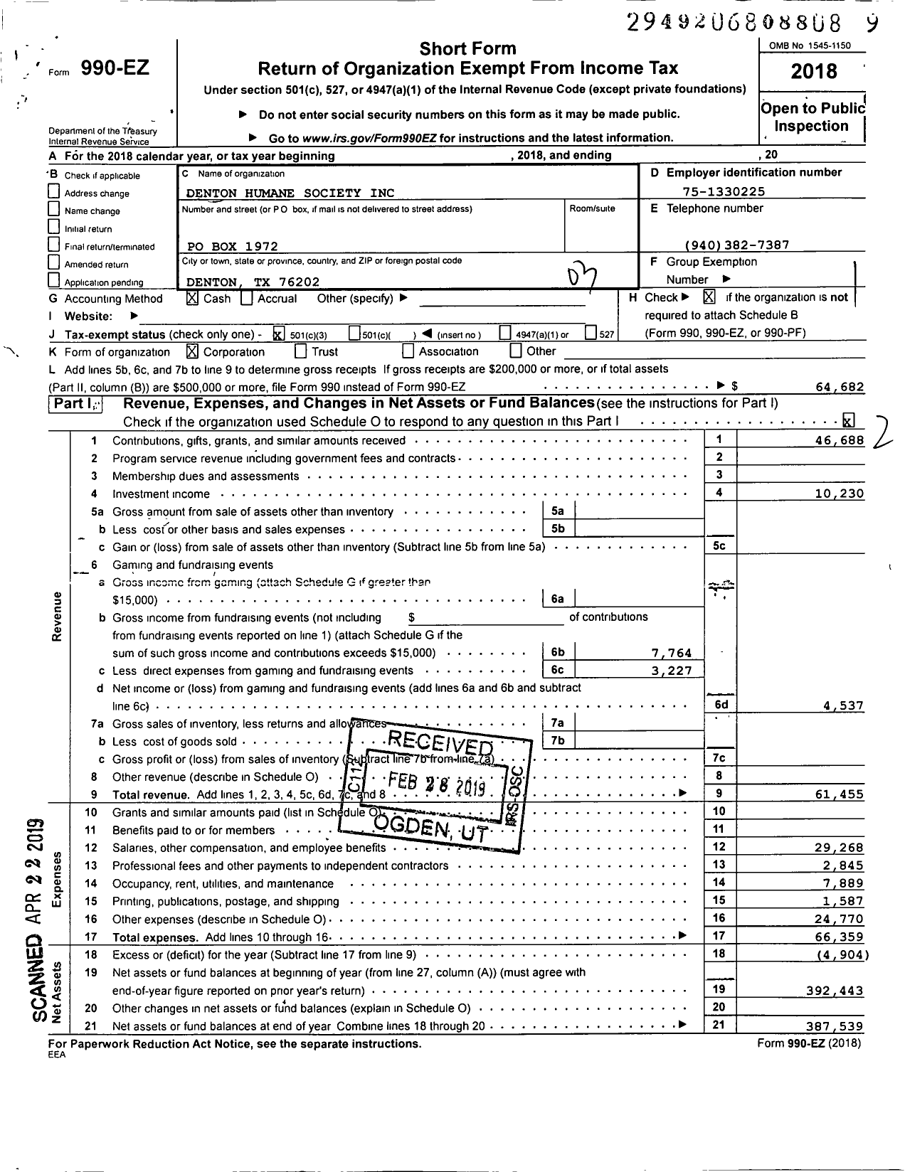 Image of first page of 2018 Form 990EZ for Denton Humane Society
