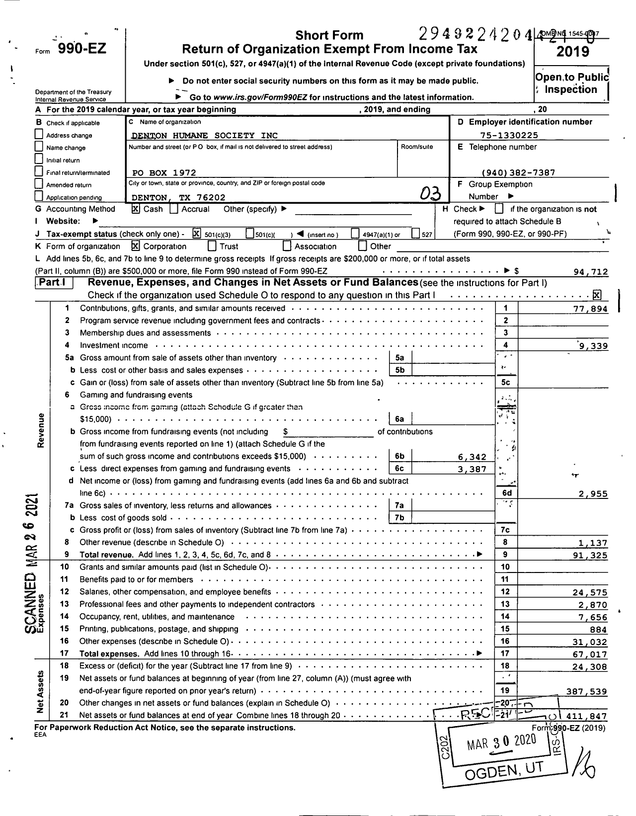 Image of first page of 2019 Form 990EZ for Denton Humane Society