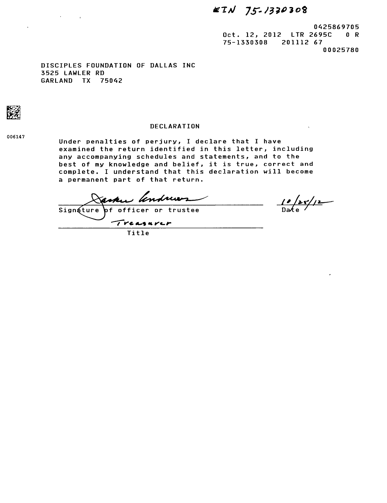 Image of first page of 2011 Form 990ER for Disciples Foundation of Dallas