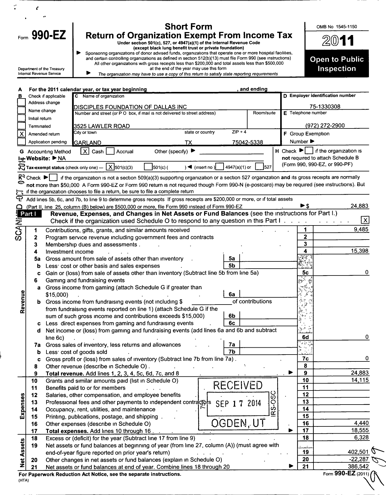 Image of first page of 2011 Form 990EZ for Disciples Foundation of Dallas