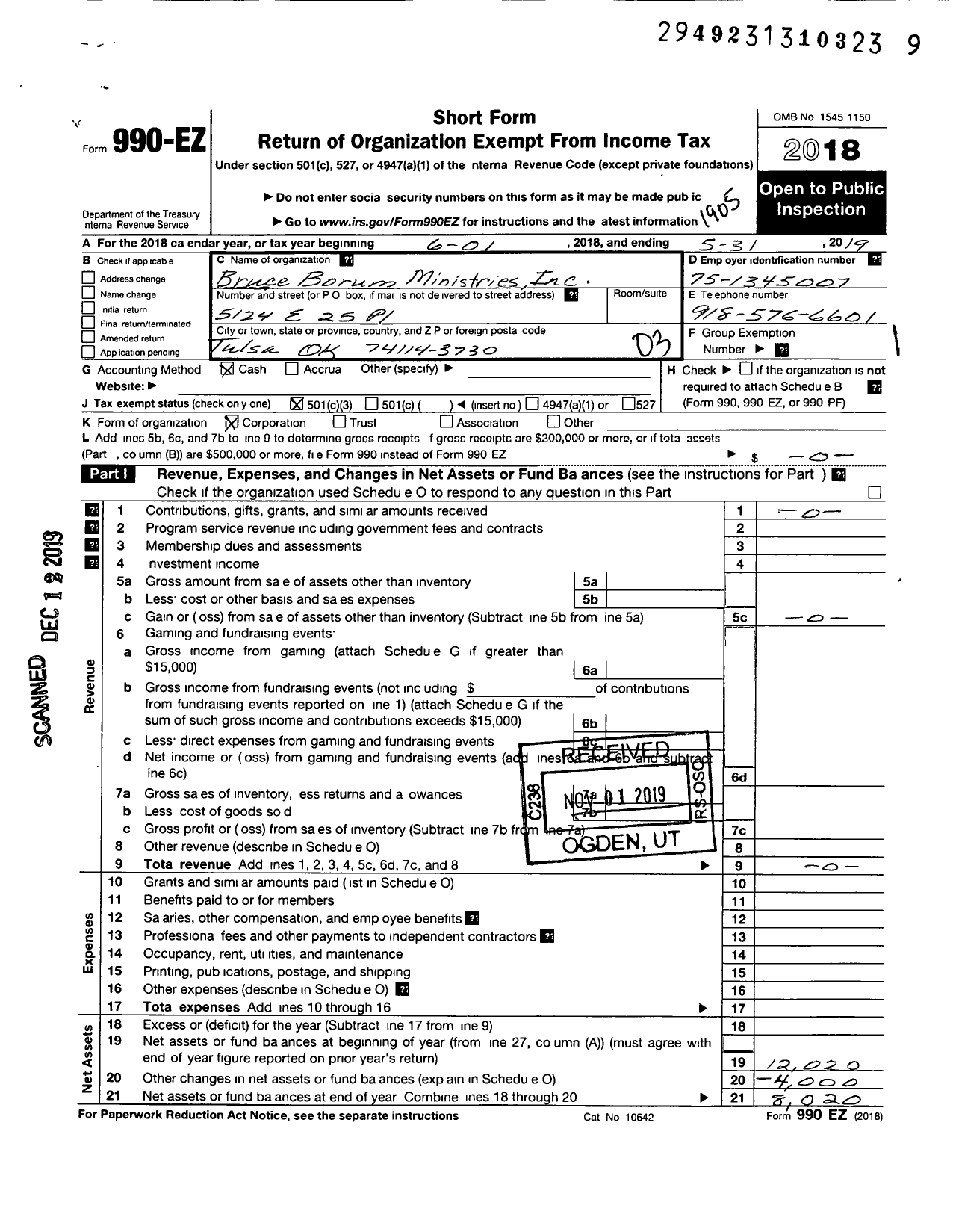 Image of first page of 2018 Form 990EZ for Bruce Borum Ministries