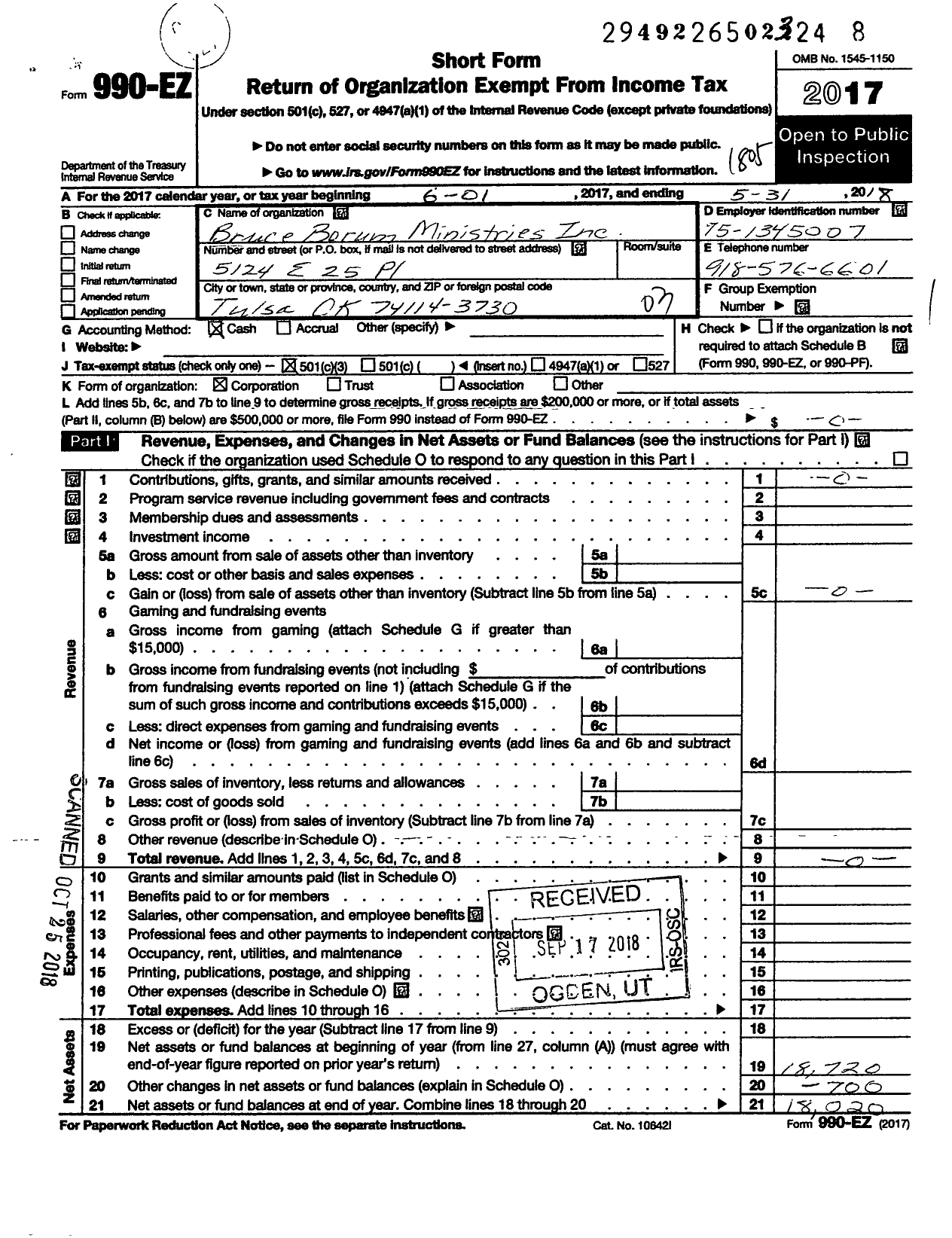 Image of first page of 2017 Form 990EZ for Bruce Borum Ministries