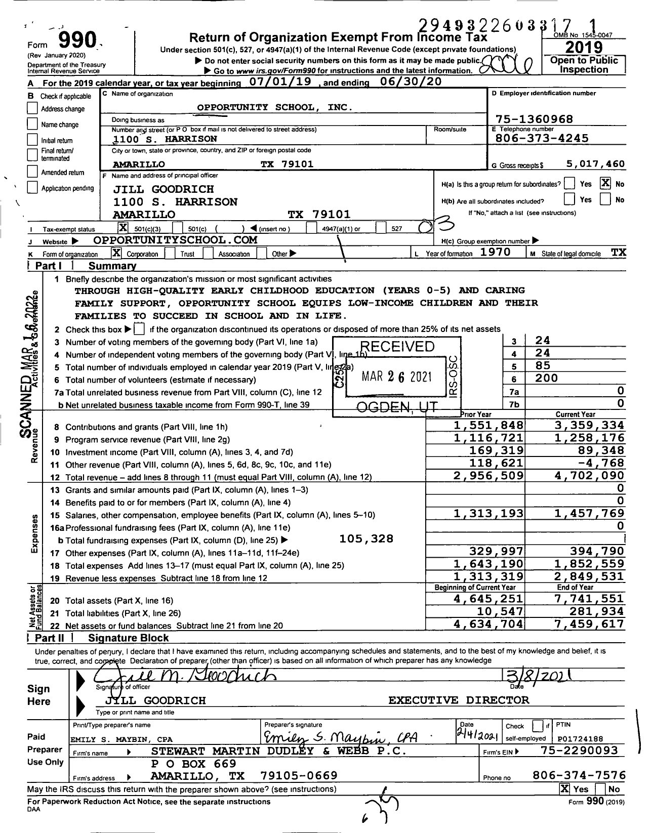 Image of first page of 2019 Form 990 for Opportunity School