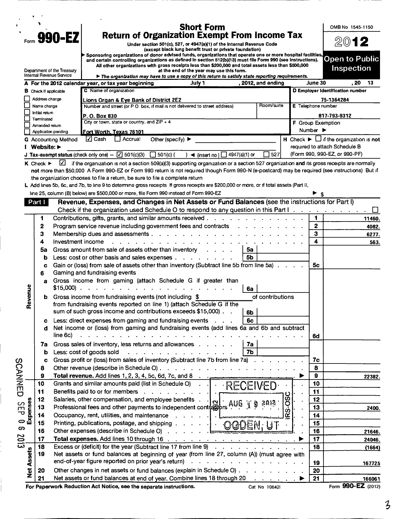 Image of first page of 2012 Form 990EZ for Lions Organ and Eye Bank of District 2-e-2