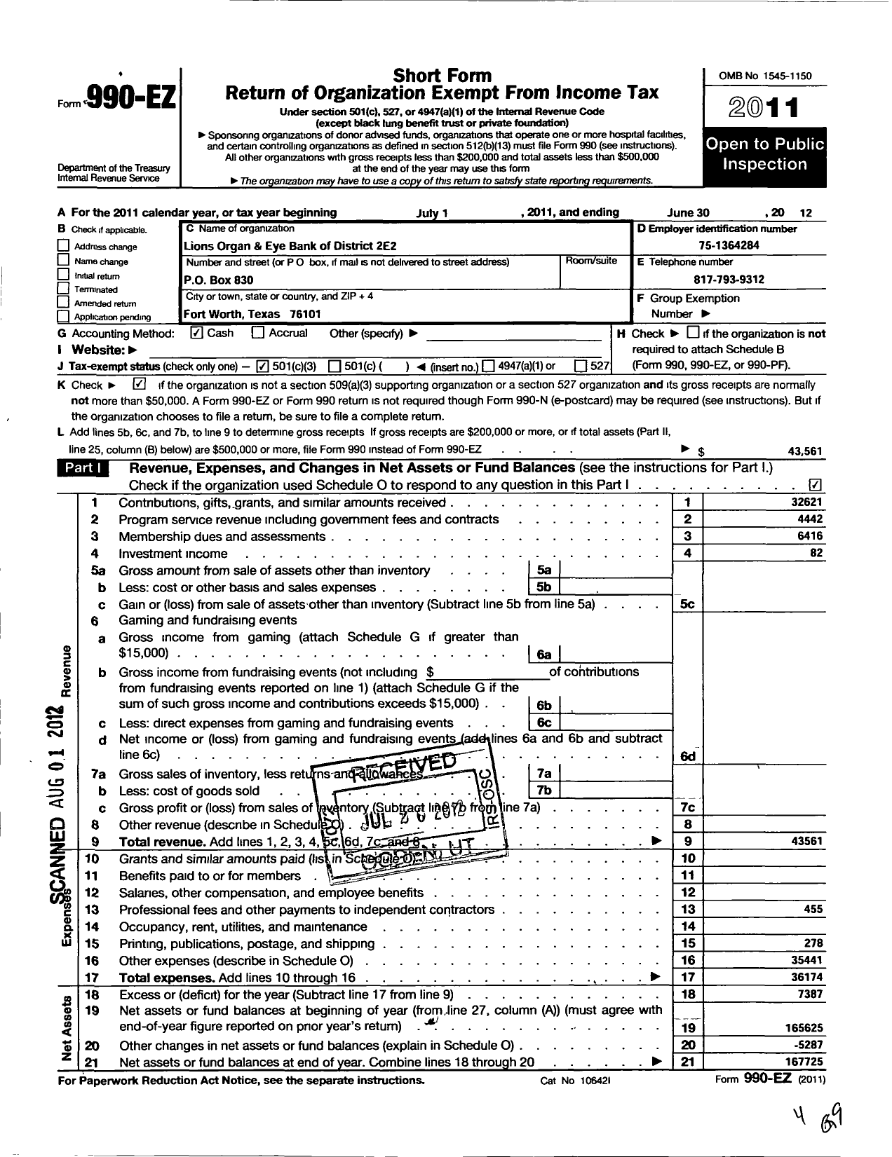 Image of first page of 2011 Form 990EZ for Lions Organ and Eye Bank of District 2-e-2