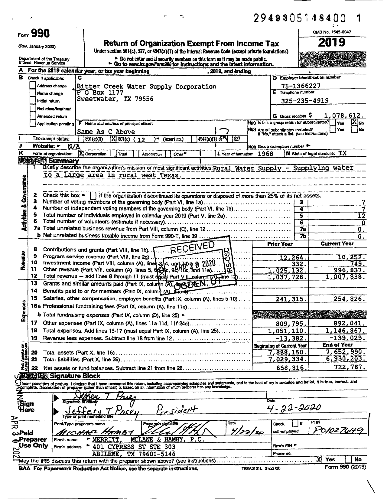 Image of first page of 2019 Form 990O for Bitter Creek Water Supply Corporation