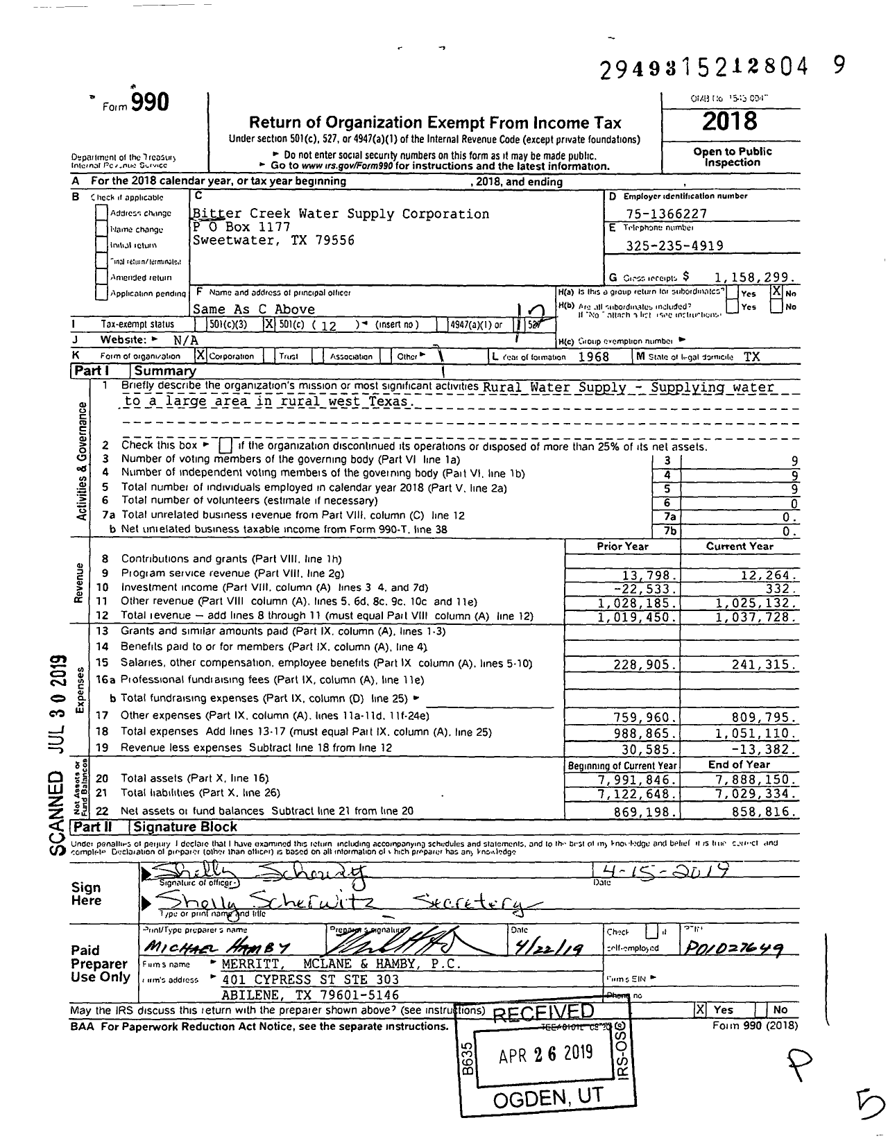 Image of first page of 2018 Form 990O for Bitter Creek Water Supply Corporation