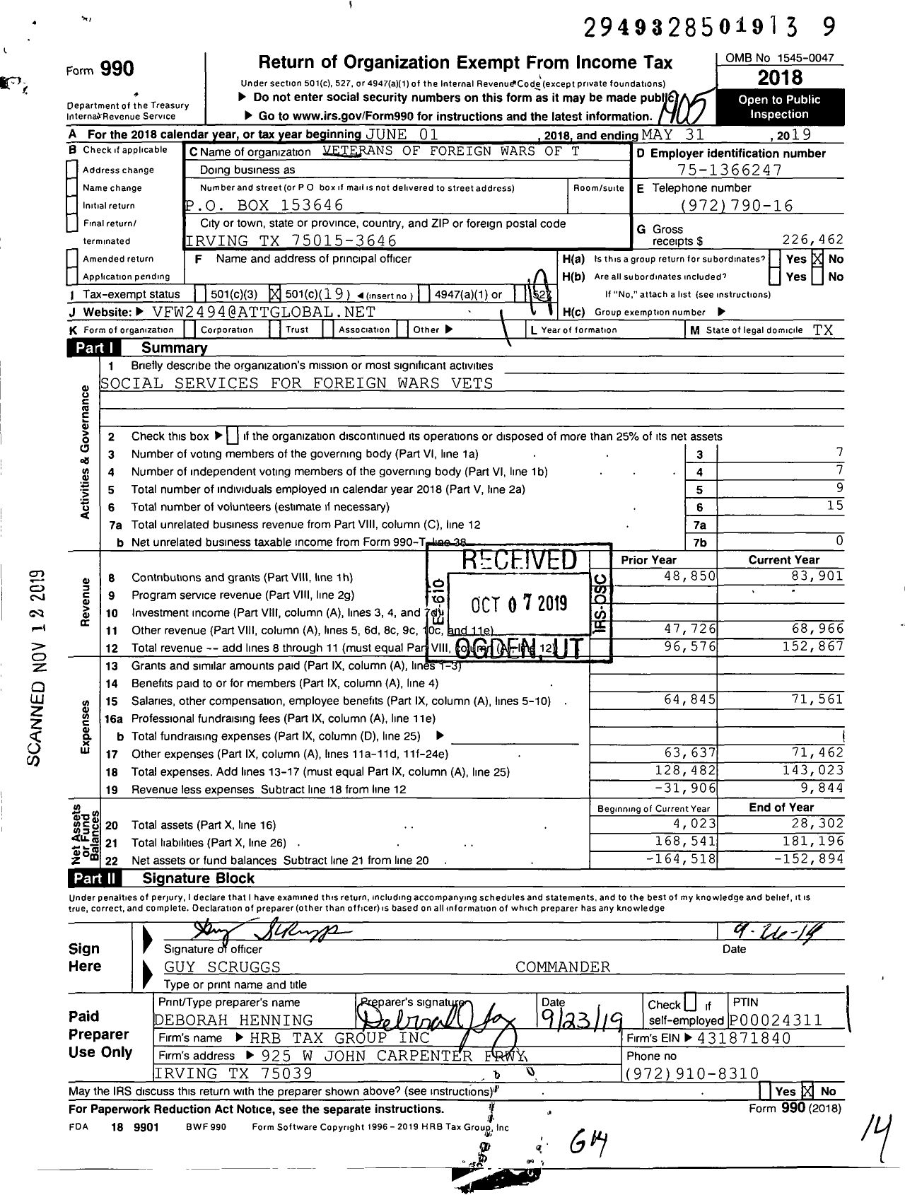 Image of first page of 2018 Form 990O for Texas VFW - 2494 Irving