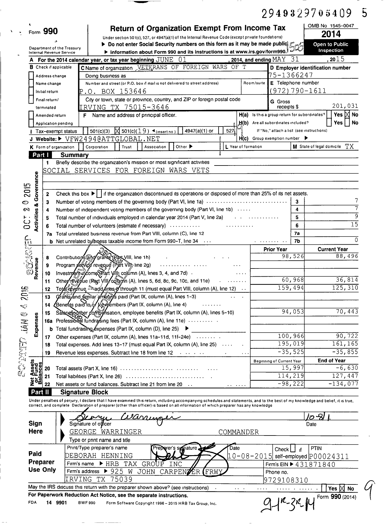 Image of first page of 2014 Form 990O for Texas VFW - 2494 Irving