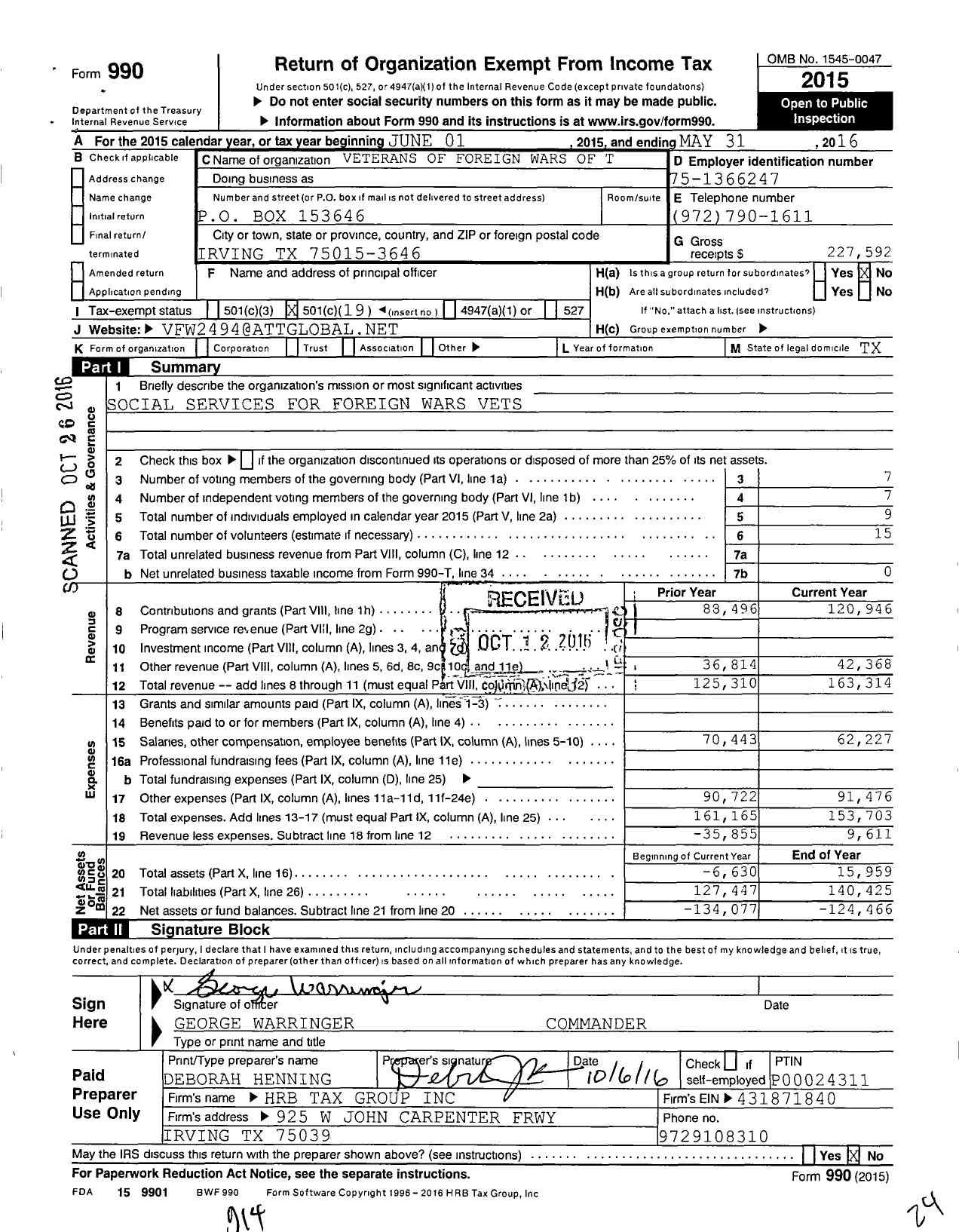 Image of first page of 2015 Form 990O for Texas VFW - 2494 Irving