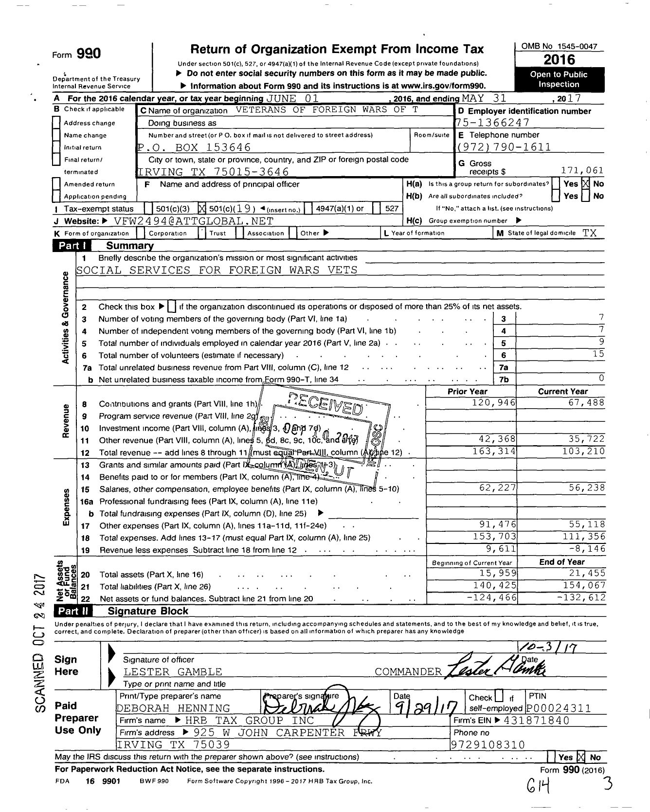 Image of first page of 2016 Form 990O for Texas VFW - 2494 Irving