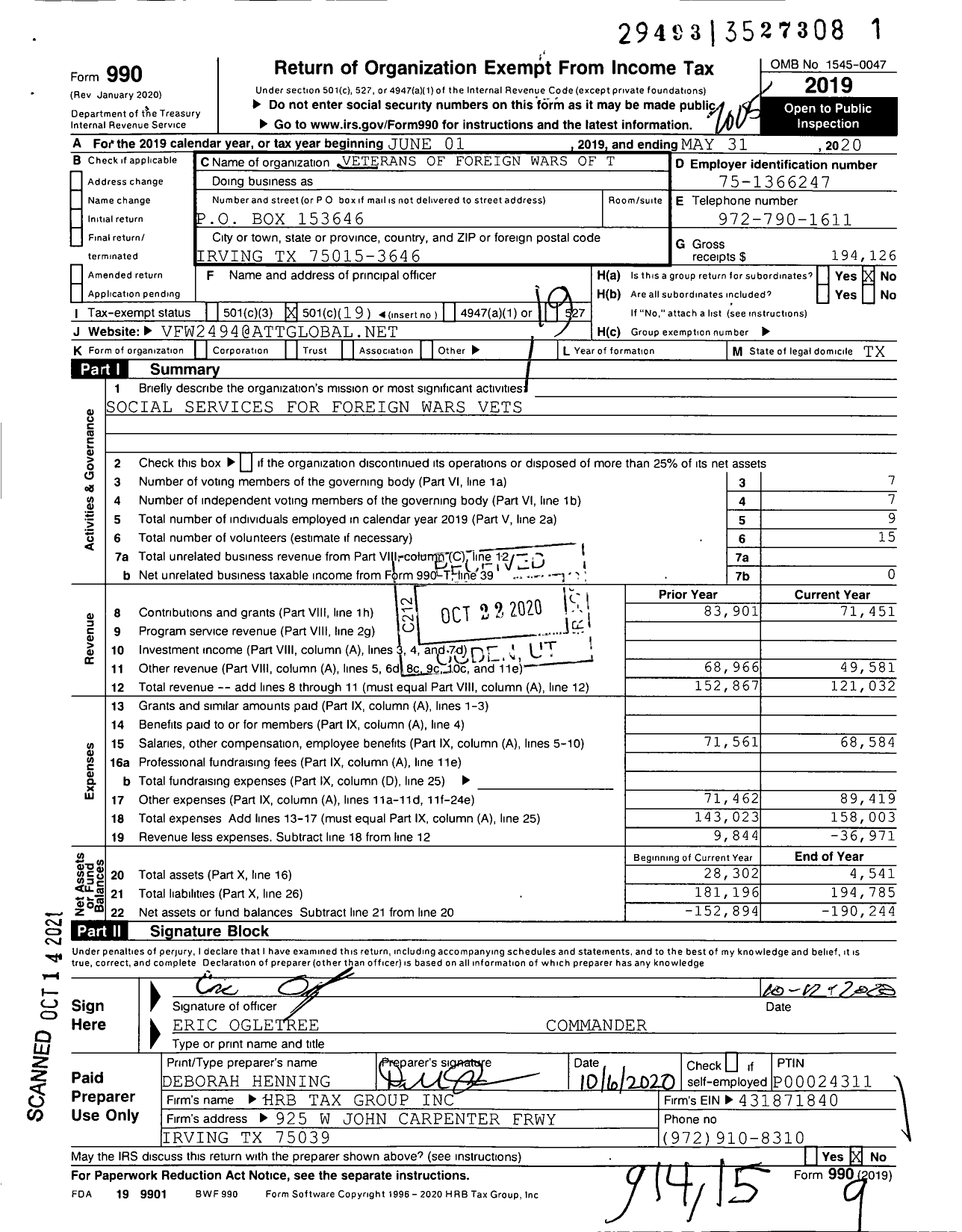 Image of first page of 2019 Form 990O for Texas VFW - 2494 Irving