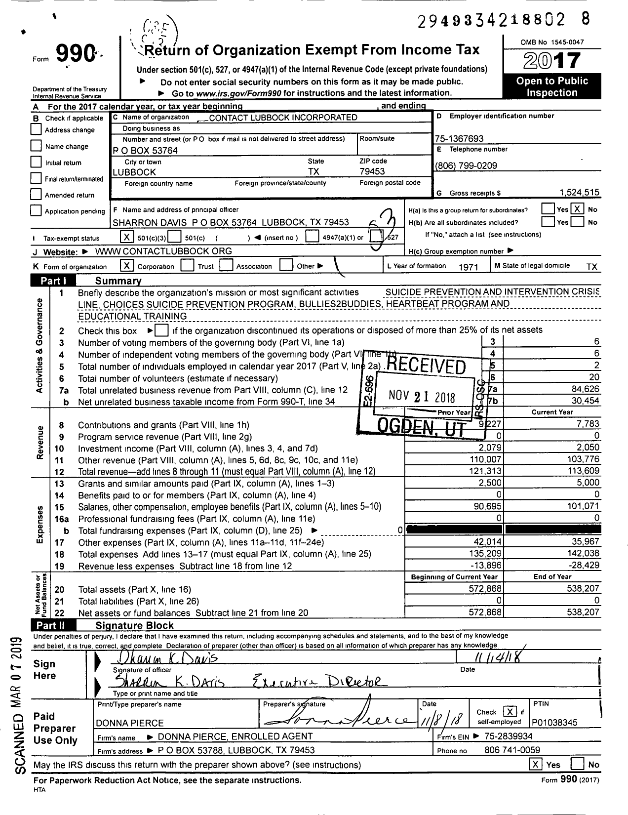 Image of first page of 2017 Form 990 for Contact Lubbock