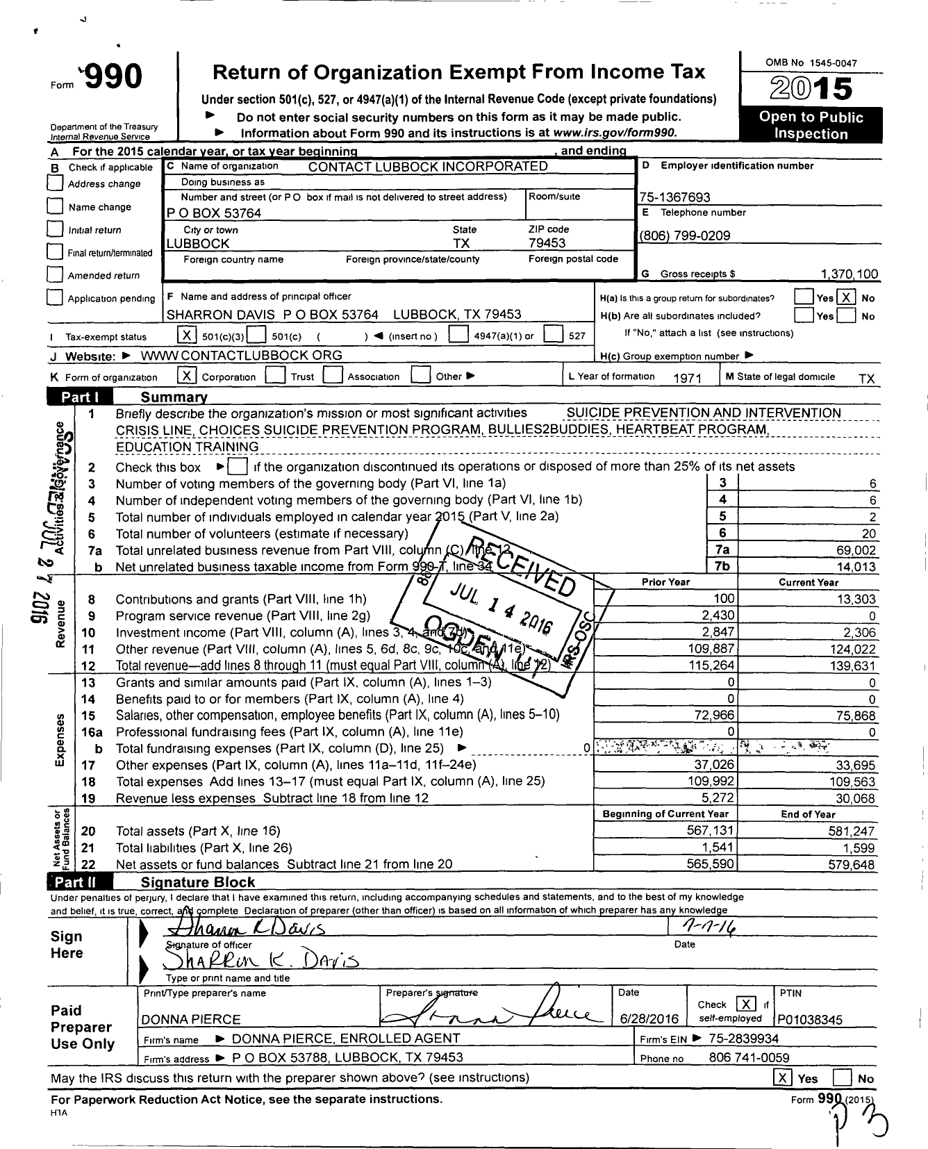 Image of first page of 2015 Form 990 for Contact Lubbock