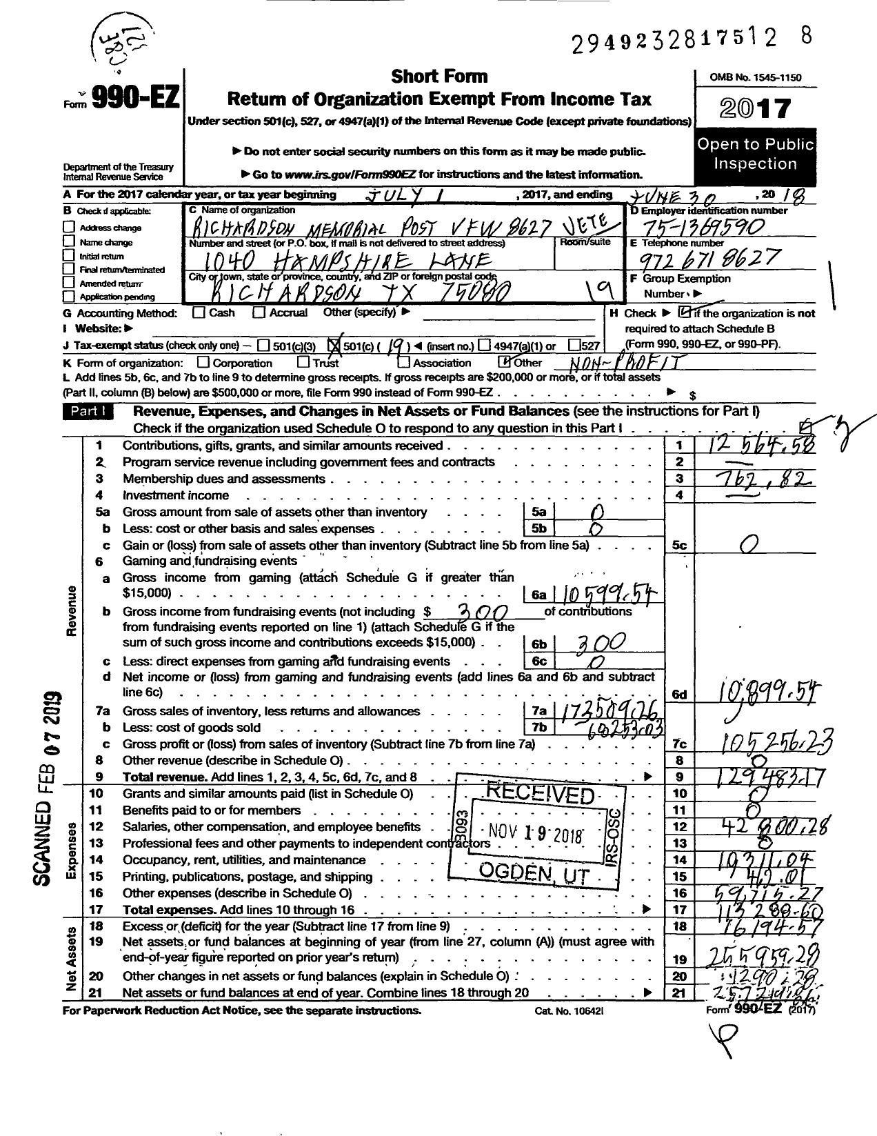 Image of first page of 2017 Form 990EO for Texas VFW - 8627 Richardson Memorial Post