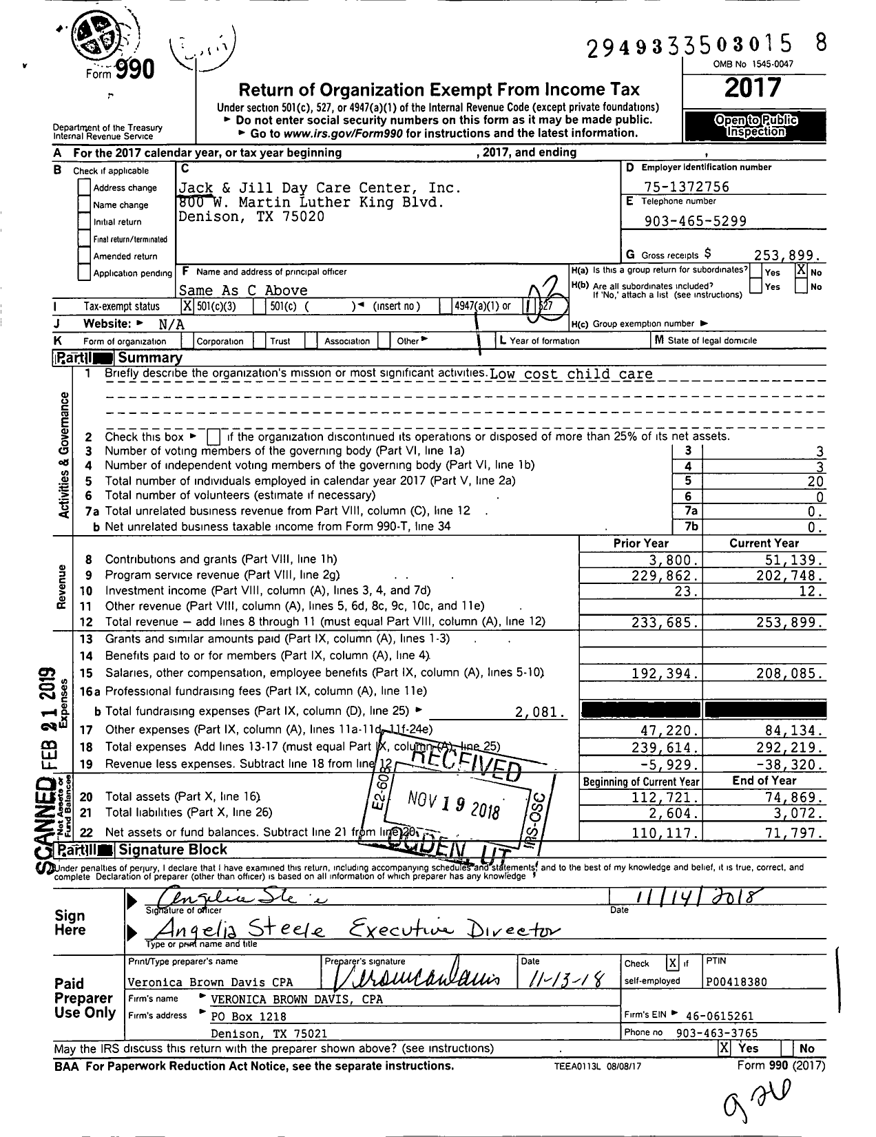Image of first page of 2017 Form 990 for Jack and Jill Day Care Center