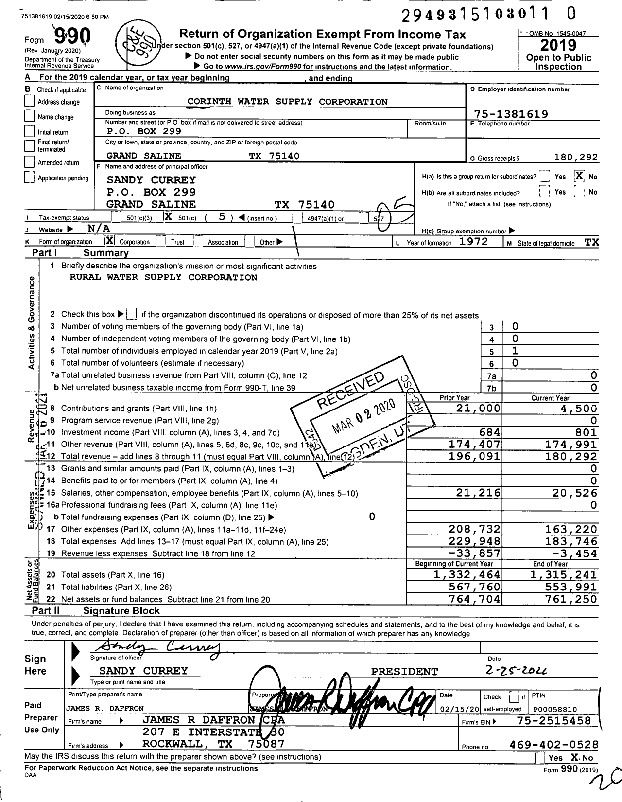 Image of first page of 2019 Form 990O for Corinth Water Supply Corporation