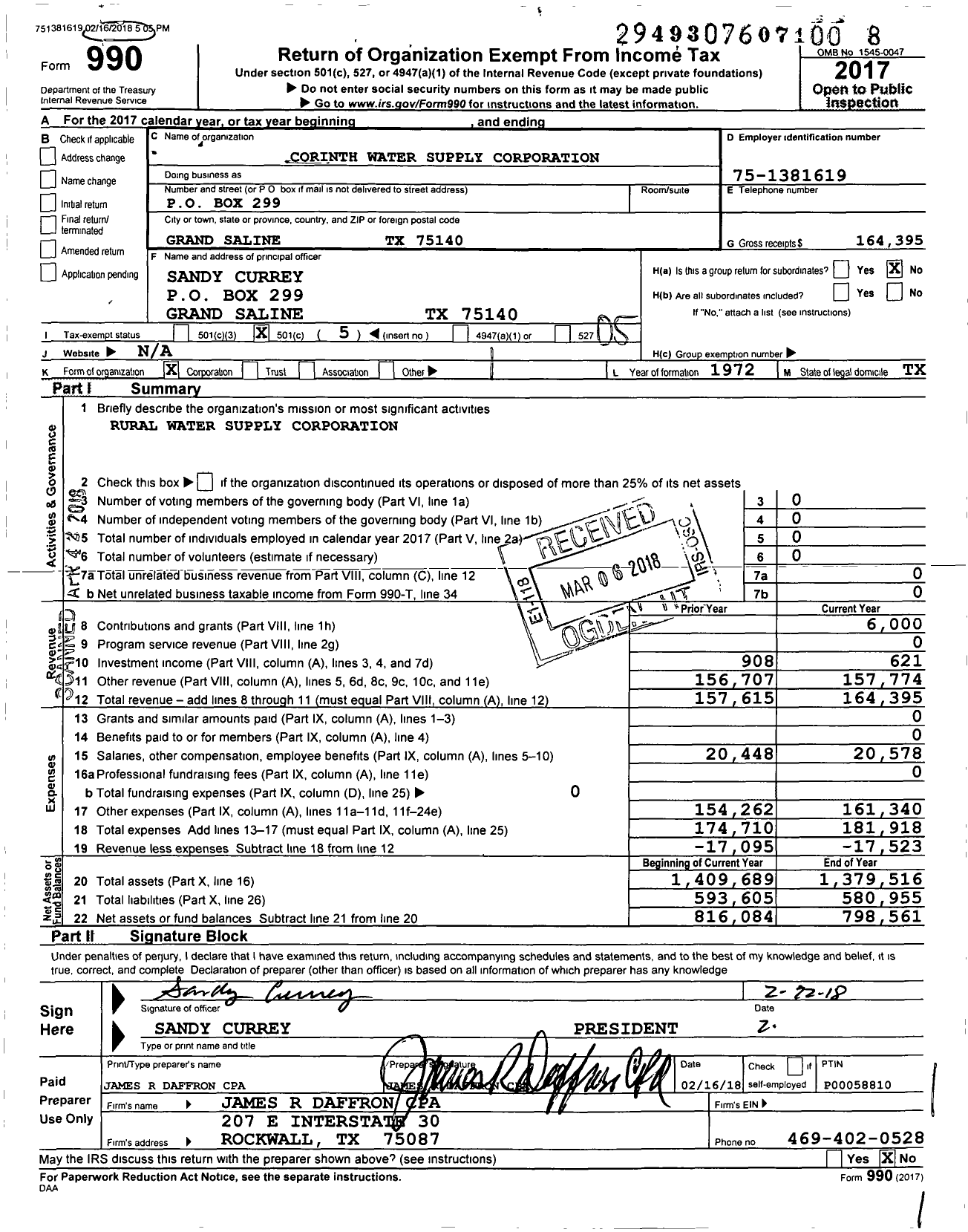 Image of first page of 2017 Form 990O for Corinth Water Supply Corporation