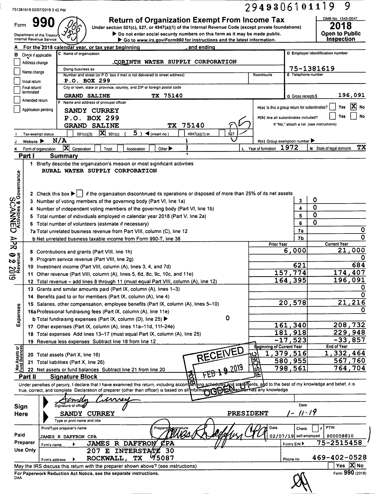 Image of first page of 2018 Form 990O for Corinth Water Supply Corporation