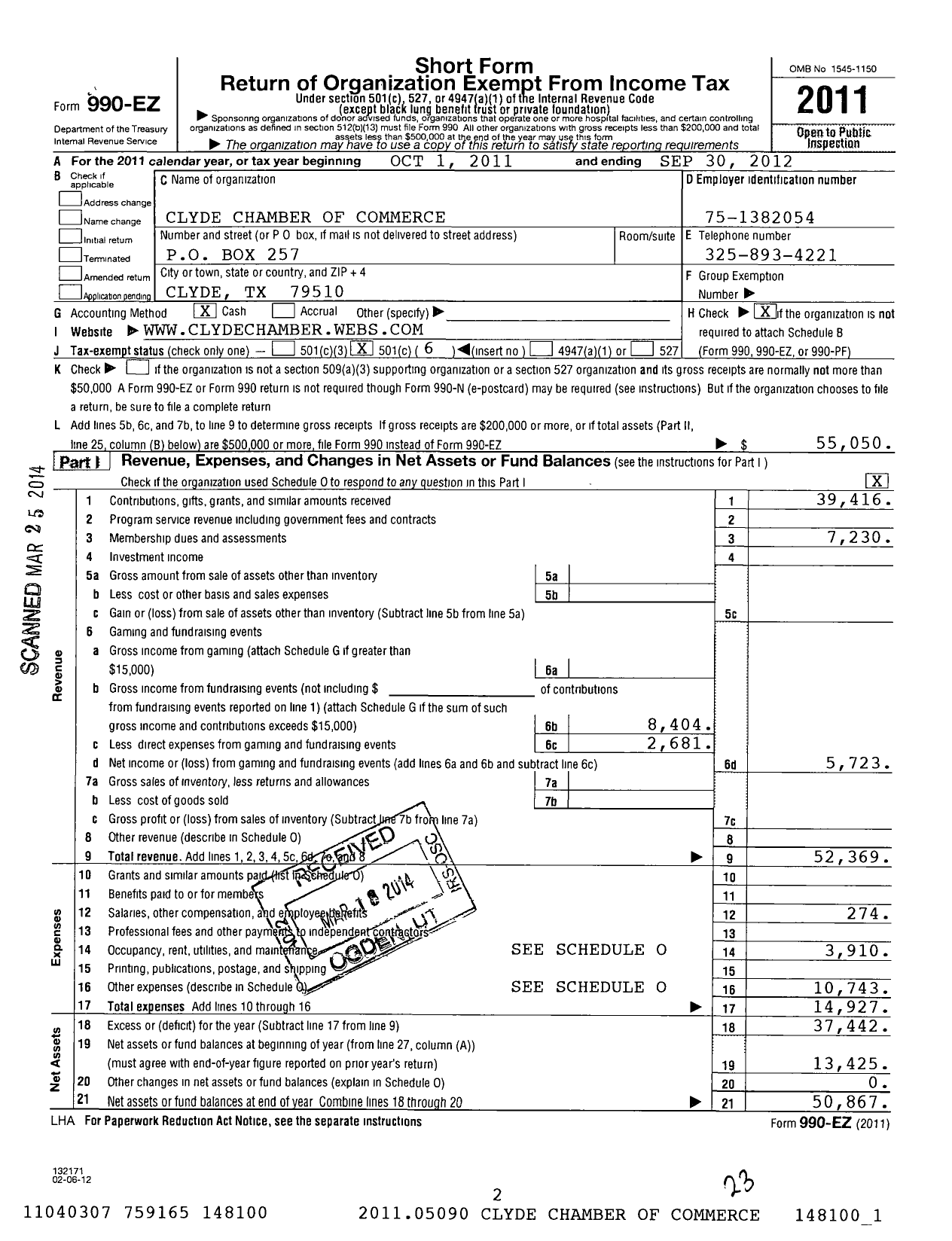 Image of first page of 2011 Form 990EO for Clyde Chamber of Commerce