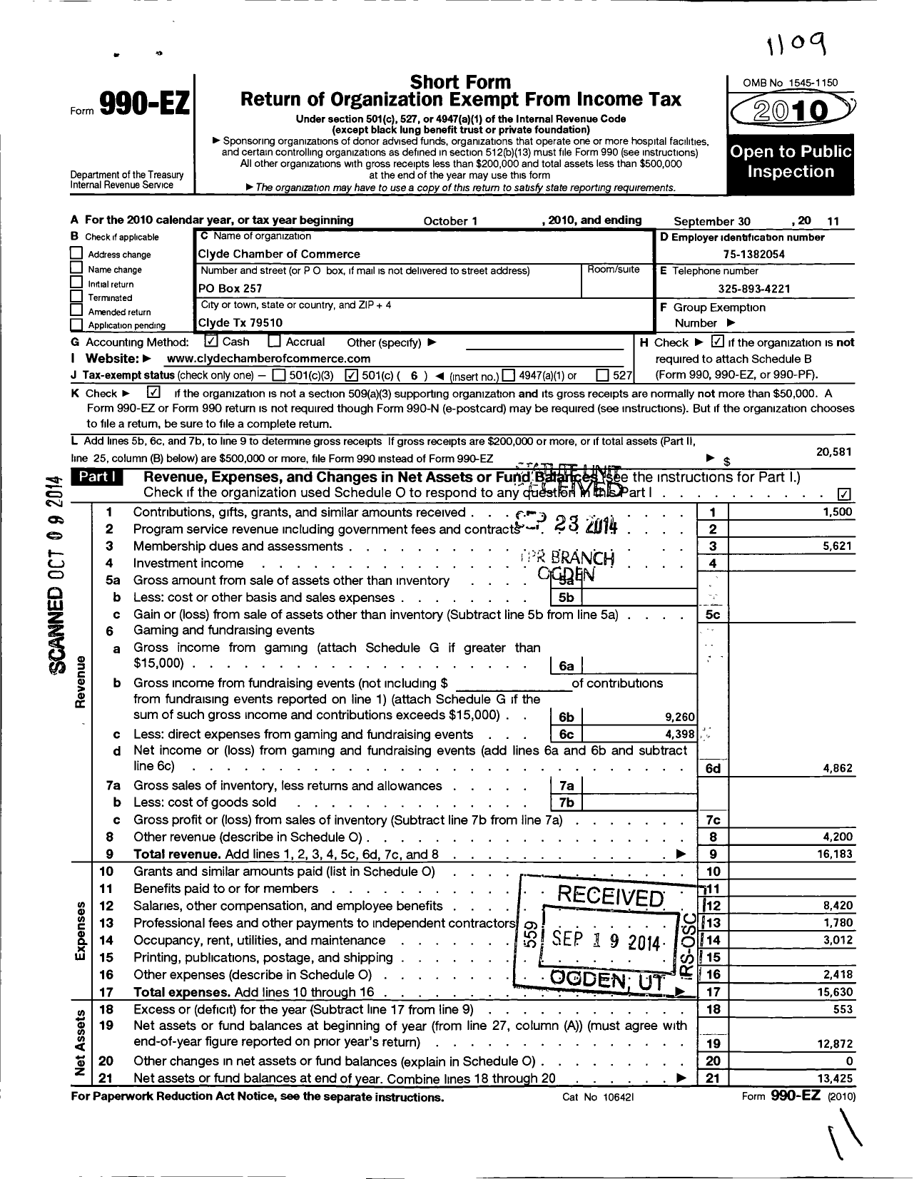 Image of first page of 2010 Form 990EO for Clyde Chamber of Commerce