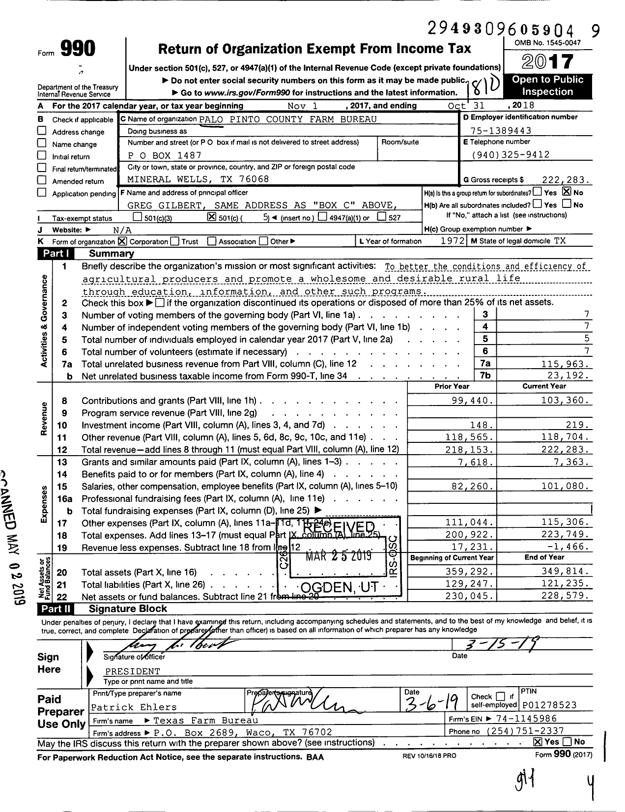 Image of first page of 2017 Form 990O for Palo Pinto County Farm Bureau