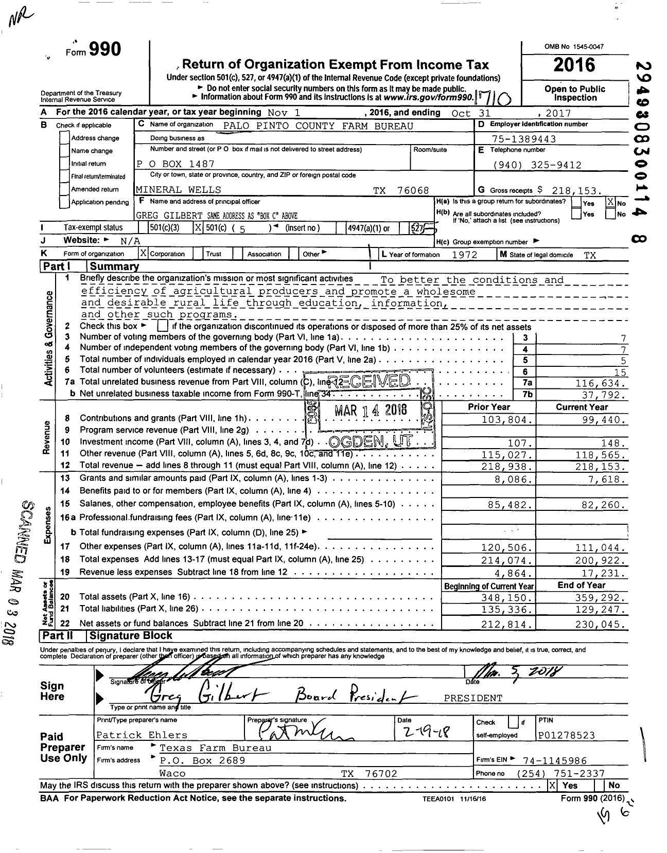 Image of first page of 2016 Form 990O for Palo Pinto County Farm Bureau