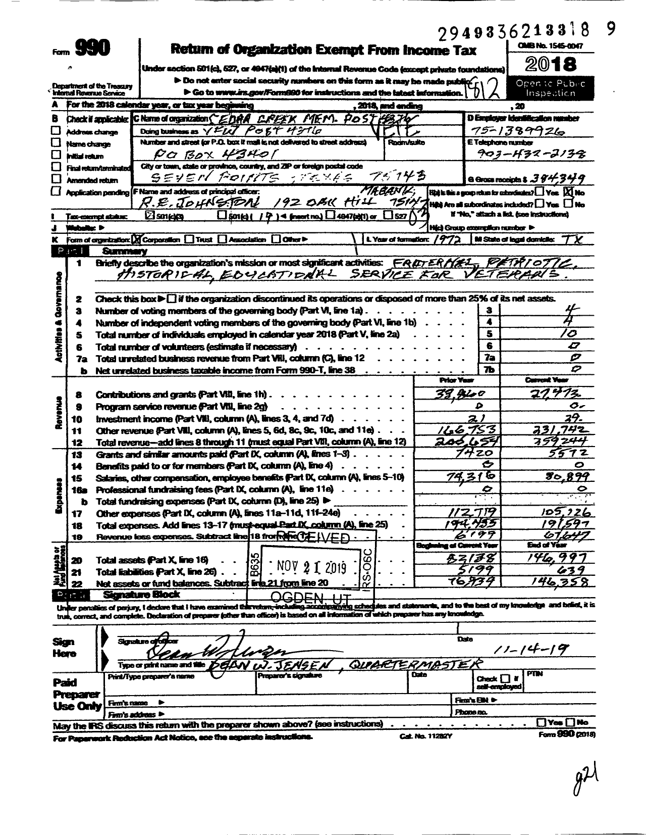 Image of first page of 2018 Form 990 for TEXAS VFW - VFW Post # 4376