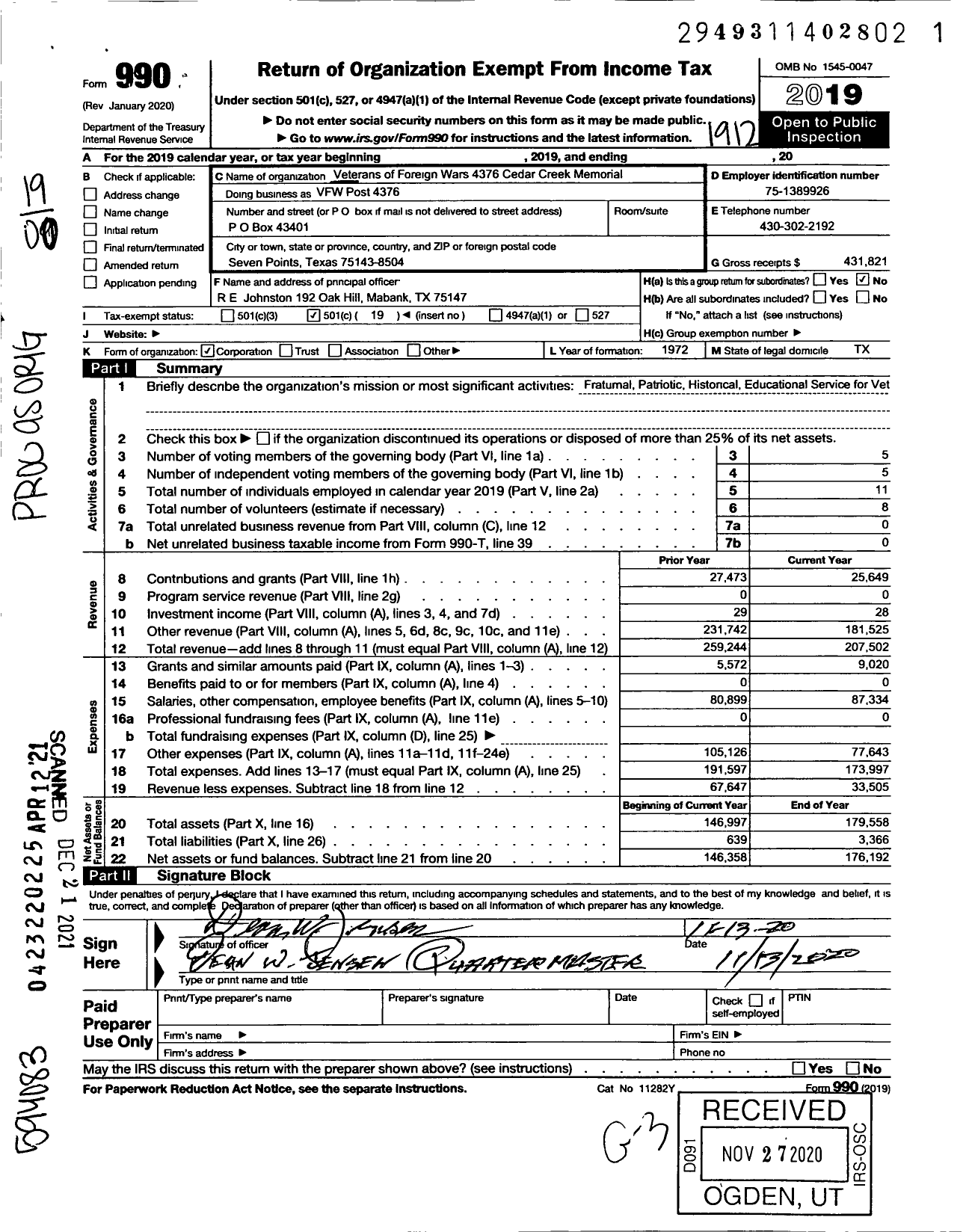 Image of first page of 2019 Form 990O for TEXAS VFW - VFW Post # 4376