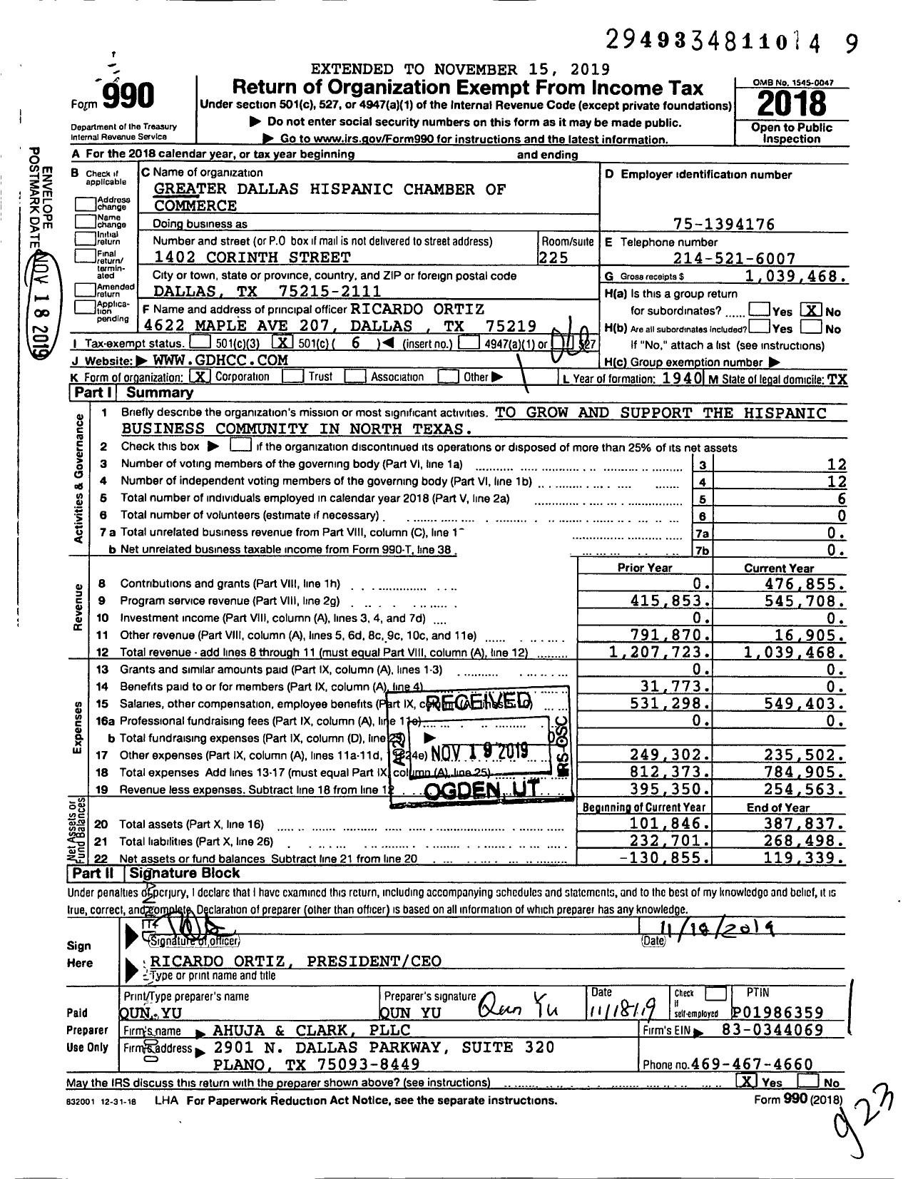 Image of first page of 2018 Form 990O for Greater Dallas Hispanic Chamber of Commerce (GDHCC)