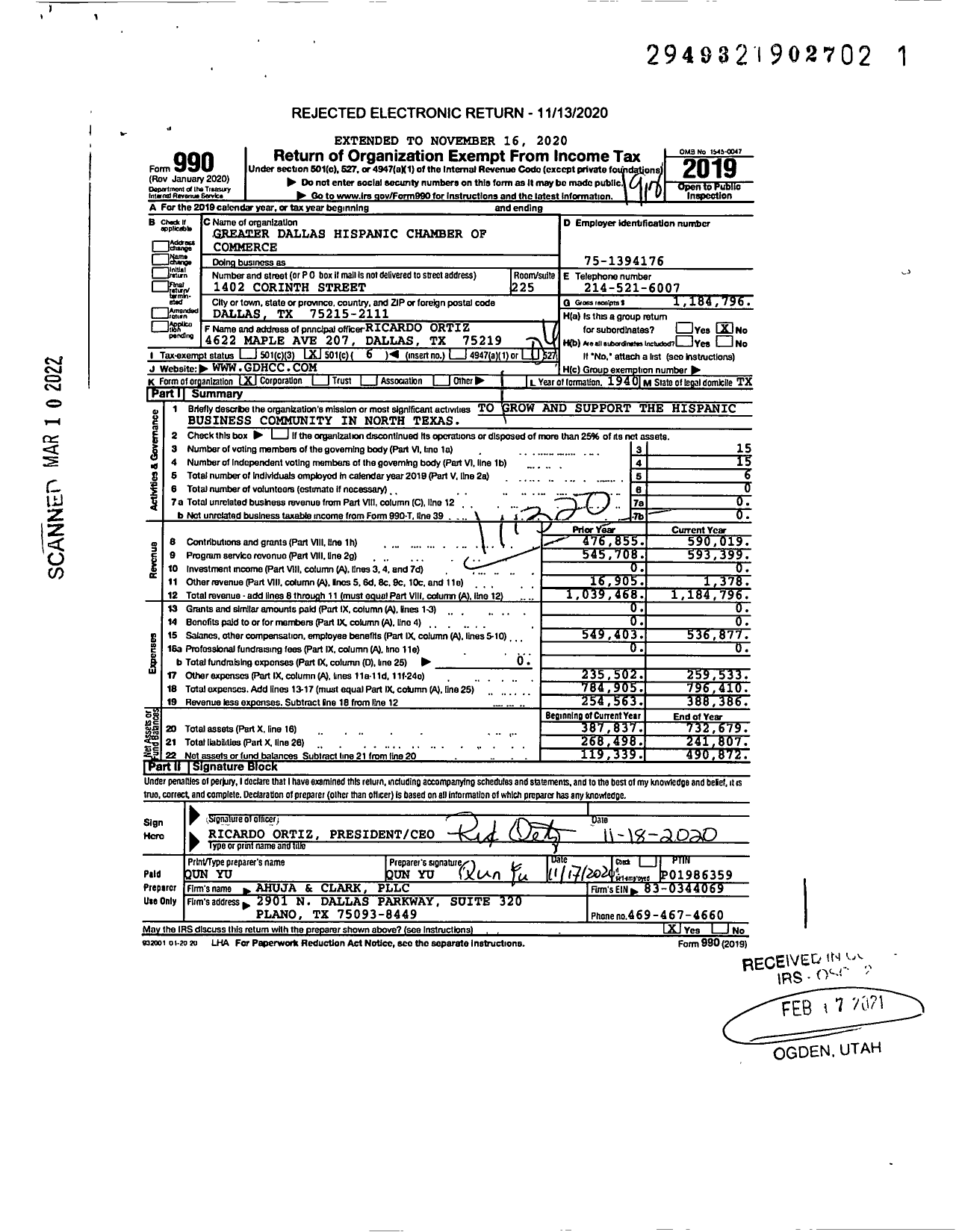 Image of first page of 2019 Form 990O for Greater Dallas Hispanic Chamber of Commerce (GDHCC)