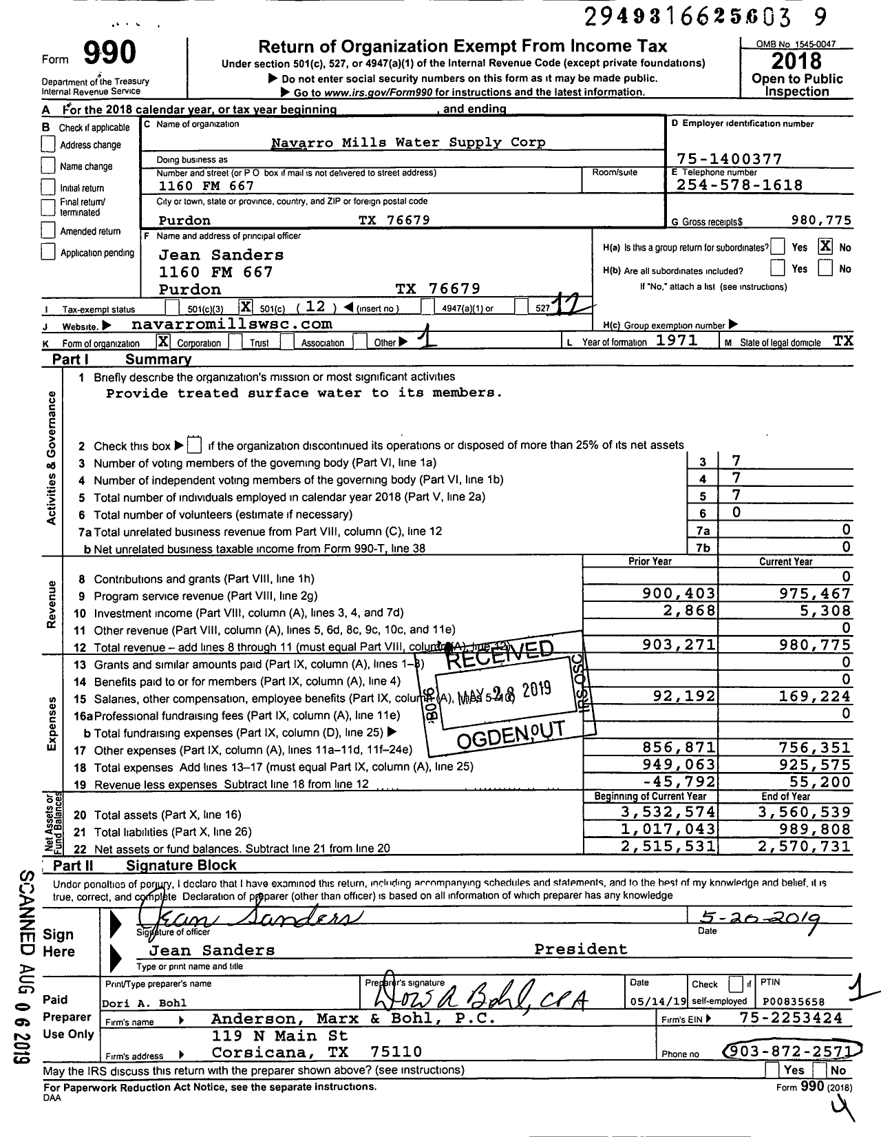 Image of first page of 2018 Form 990O for Navarro Mills Water Supply Corporation