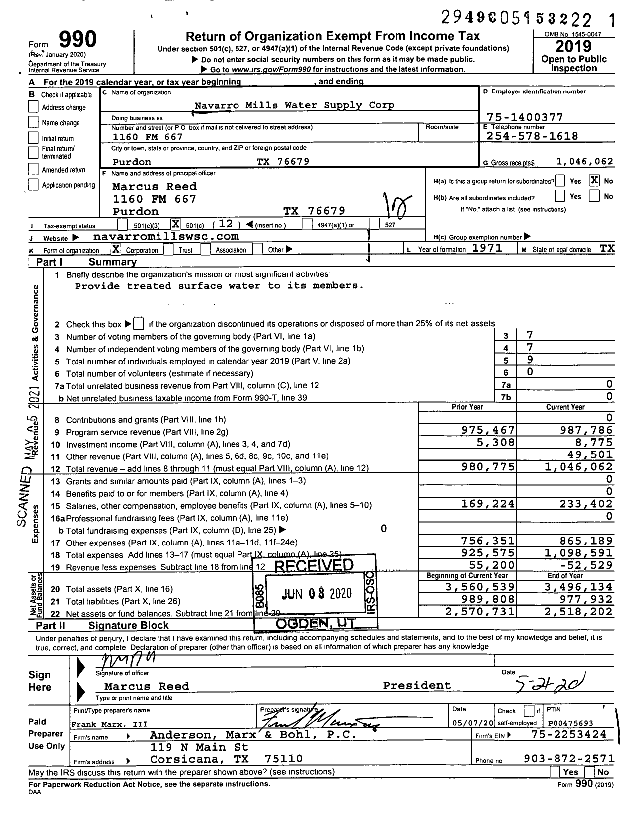 Image of first page of 2019 Form 990O for Navarro Mills Water Supply Corporation